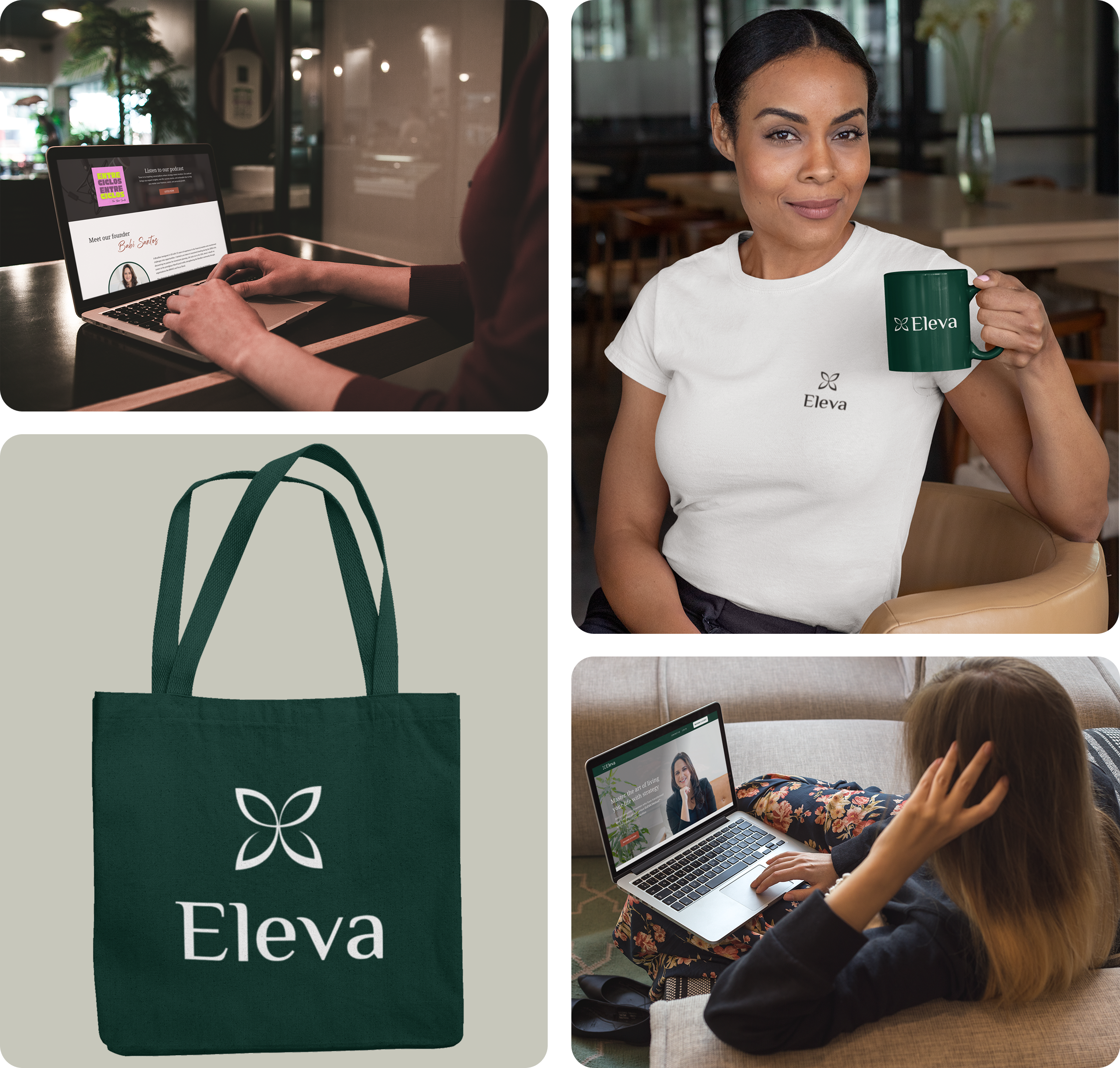 A woman with dark hair, wearing a white shirt with the 'Eleva' logo, holding a green 'Eleva' branded mug, sitting in a café or coworking space.