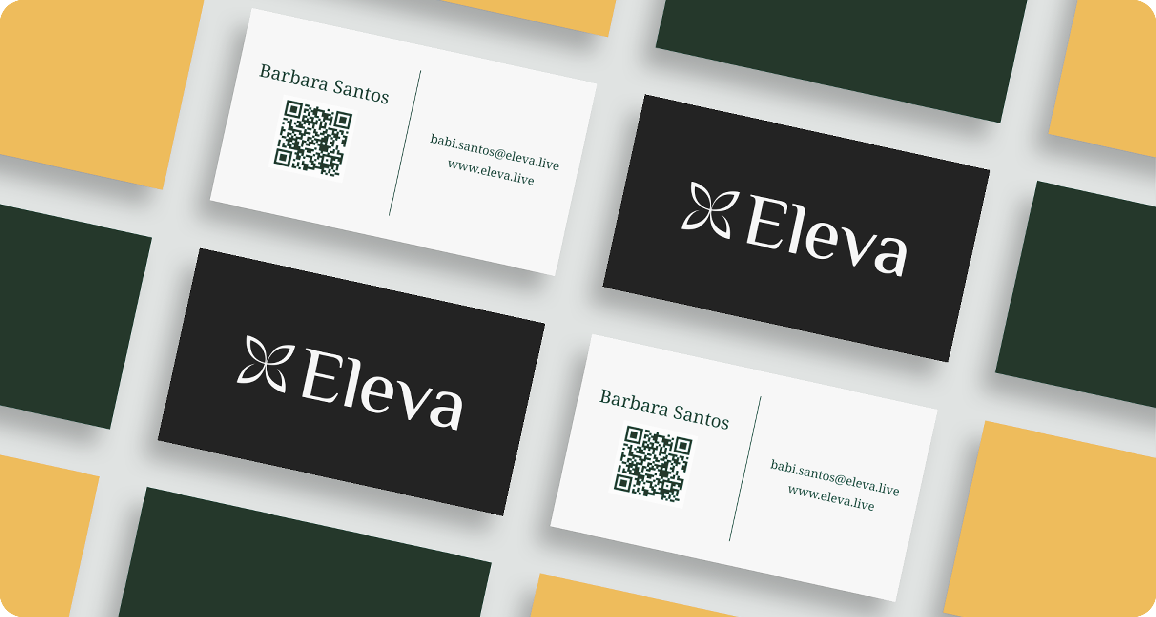 A collection of business cards for Eleva, featuring the logo with a butterfly-like design, contact information for Barbara Santos, including an email and website, and a QR code, arranged with some cards overlapping on a light gray background with yel