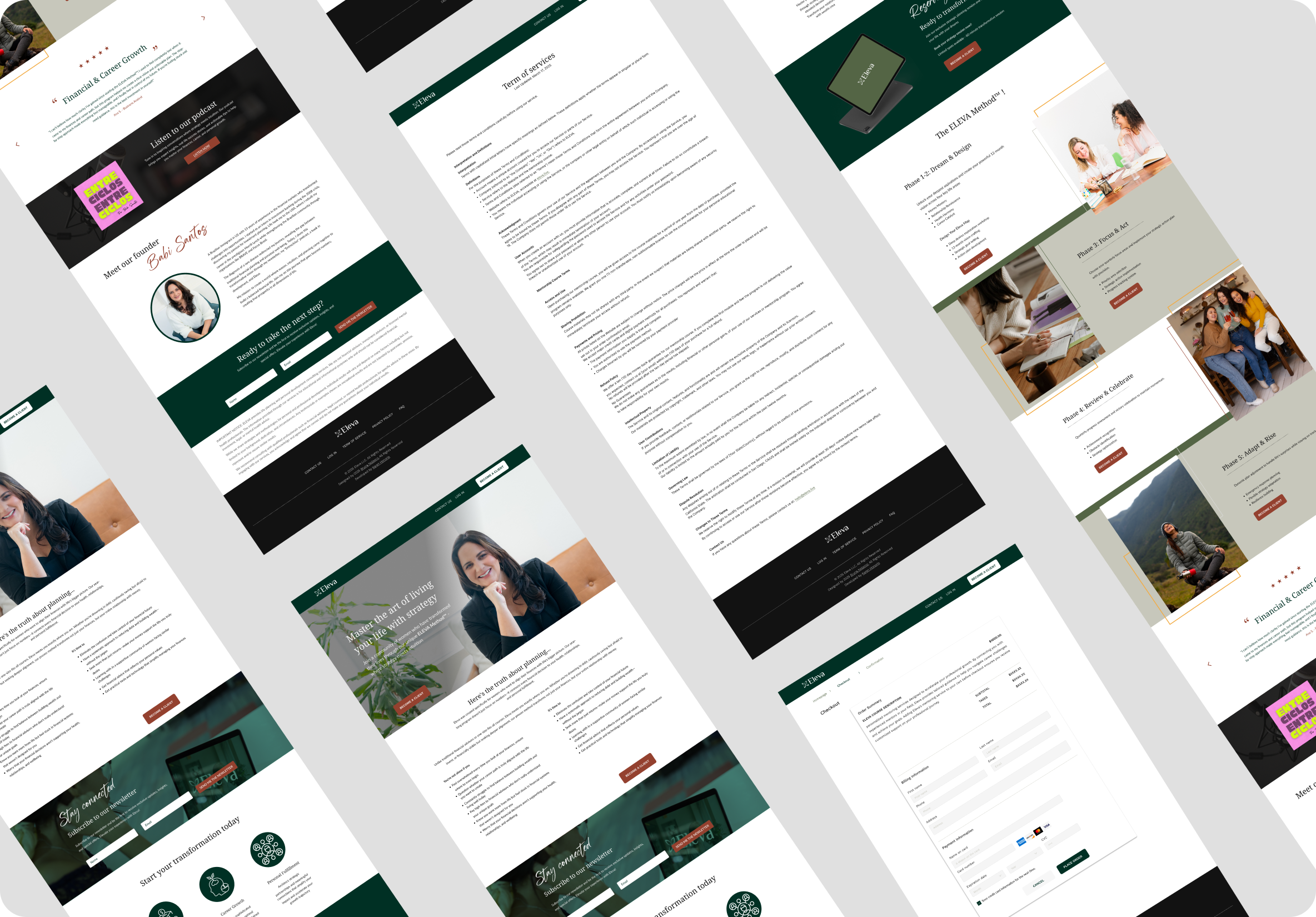 Multiple overlapping website pages with various images and text, including portraits, outdoor scenes, and digital illustrations, on a light gray background.