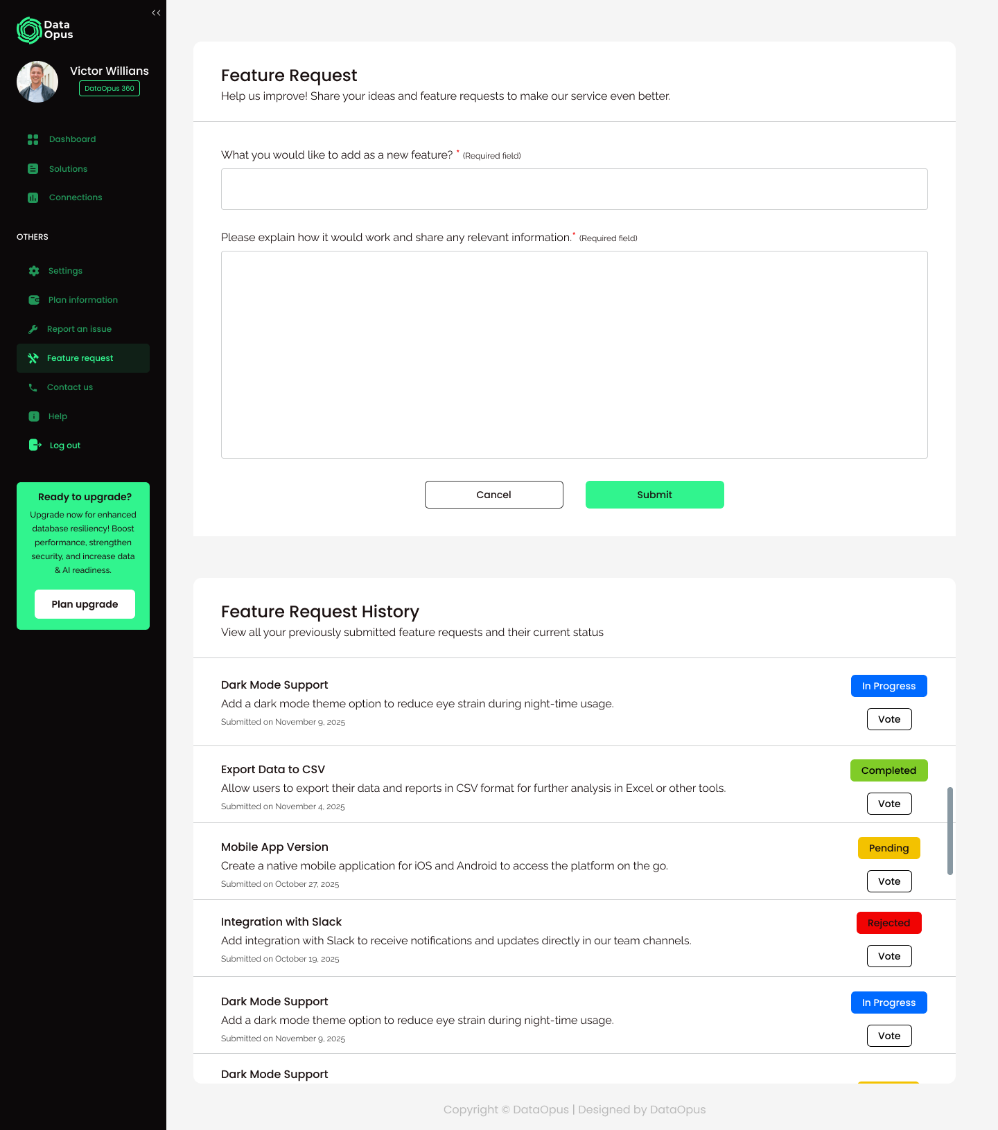 Screenshot of a web page showing a feature request form with fields for adding a new feature and explaining its functionality, along with a section displaying the history of feature requests including statuses like 'In Progress,' 'Completed,' 'Pendin