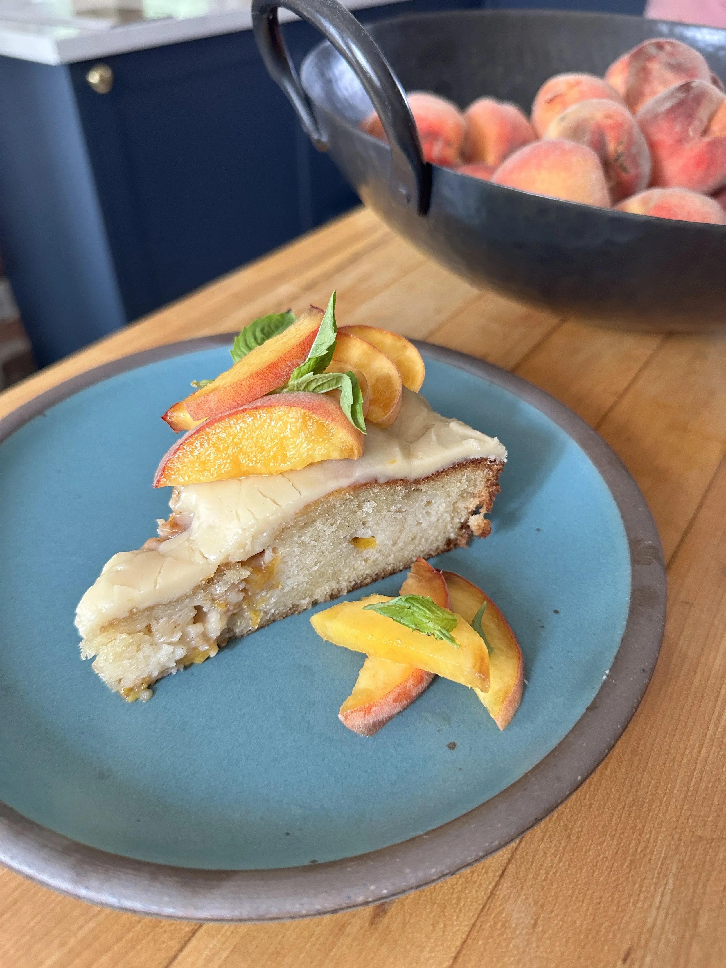 PEACH OLIVE OIL CAKE WITH BROWN SUGAR ICING