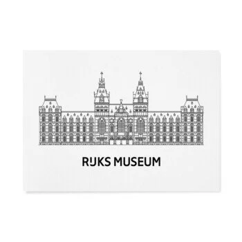 Illustration of the Rijksmuseum building with its detailed architecture, labeled 'Rijksmuseum'.