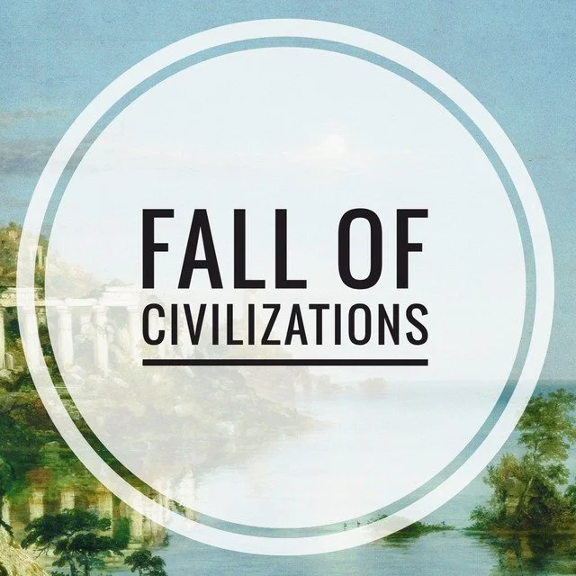 Text that reads 'Fall of Civilizations' with a background of a landscape including trees and a body of water, overlaid with a circular design.