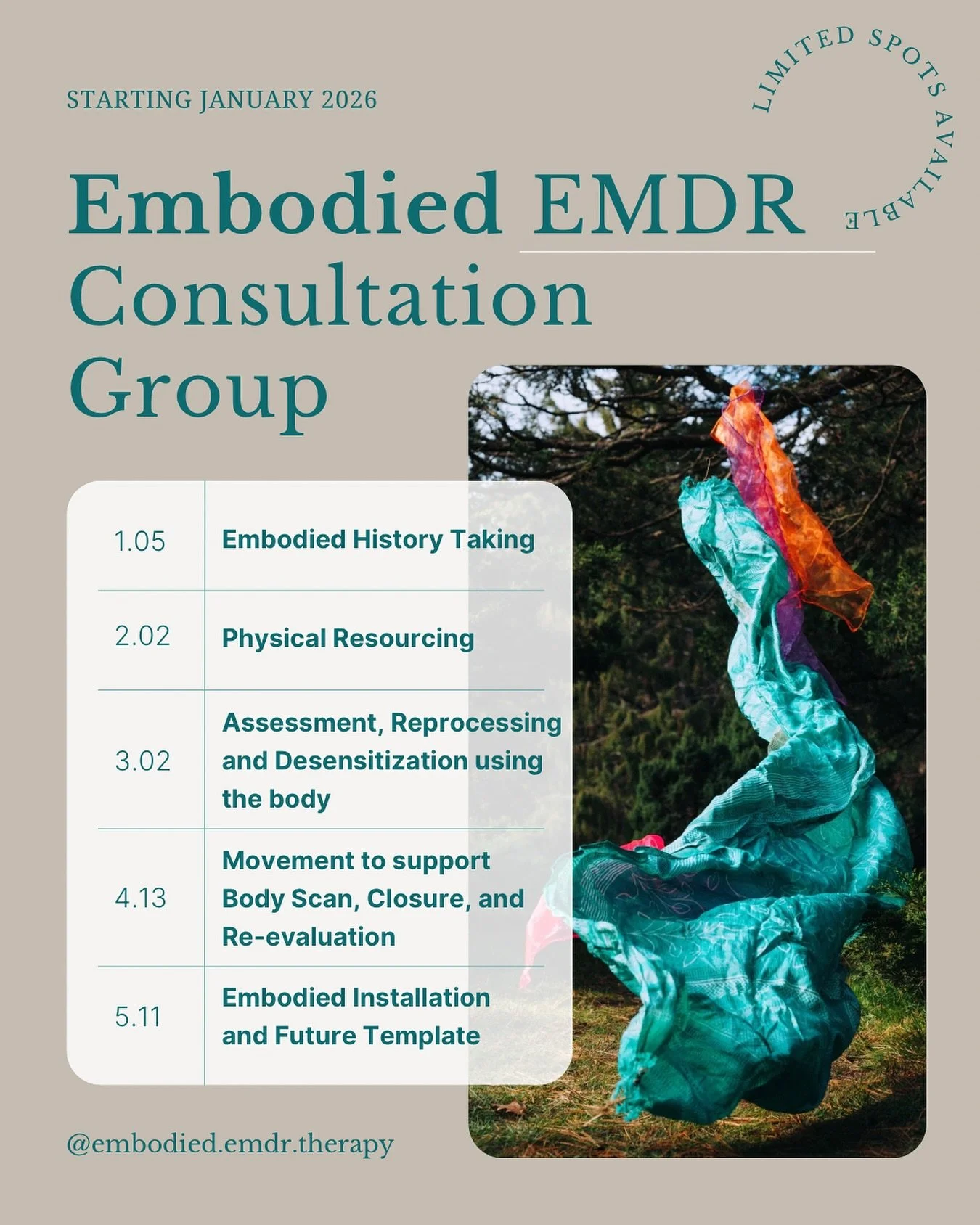 Starting January 2026 🌿
Join the Embodied EMDR Consultation Group&mdash;
a monthly virtual series for EMDR-trained therapists who want to integrate movement and the body more intentionally into the 8 phases of EMDR. 

Here&rsquo;s a sneak peak at so