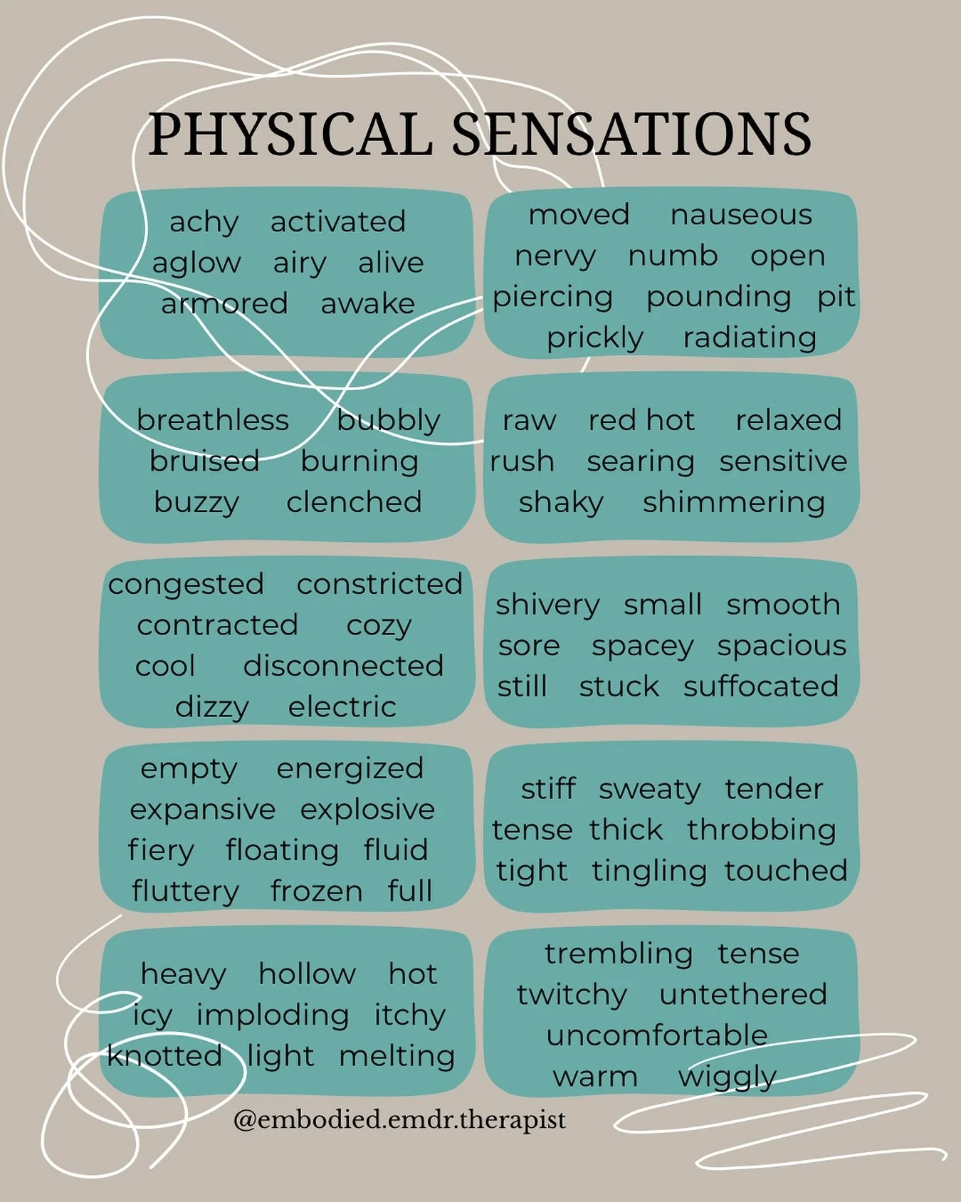 Putting words to what we feel in our bodies isn&rsquo;t always easy. 

Sometimes we know something is happening&hellip; tension, warmth, heaviness, energy&hellip; but we don&rsquo;t quite have the language for it yet.

This list can help you start no