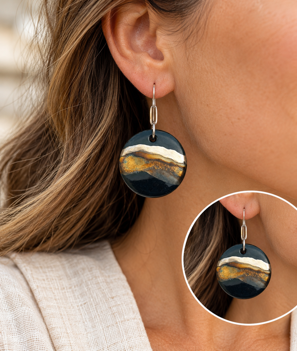 Glossy Agate Disc Earrings on Model.png
