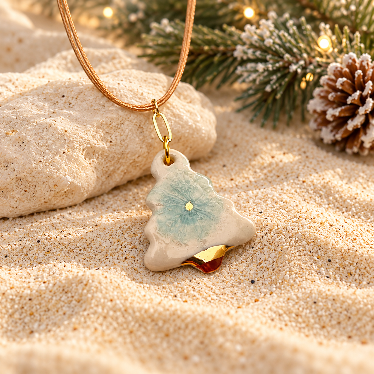 Ceramic Christmas Tree Pendant on Sandy Beach.png