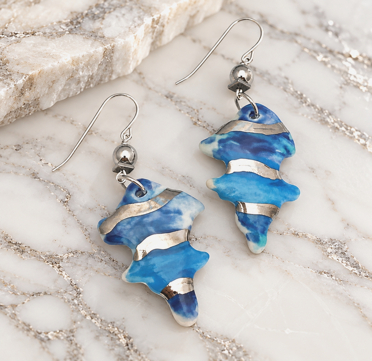 Blue Marbled Silver Wave Earrings.png