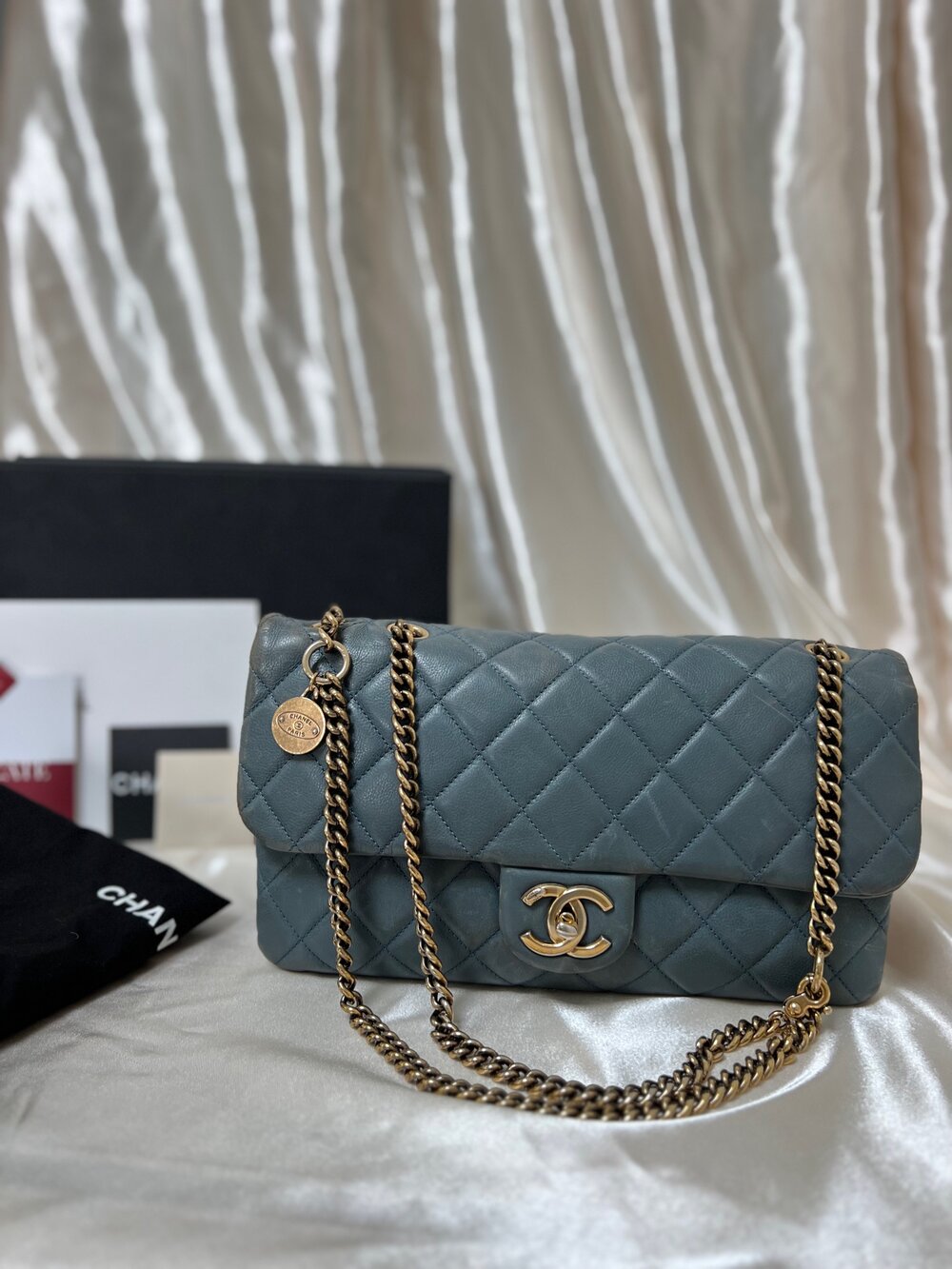 Chanel Blue Quilted Leather Zip Back Pocket Flap Bag — MISS LULALA