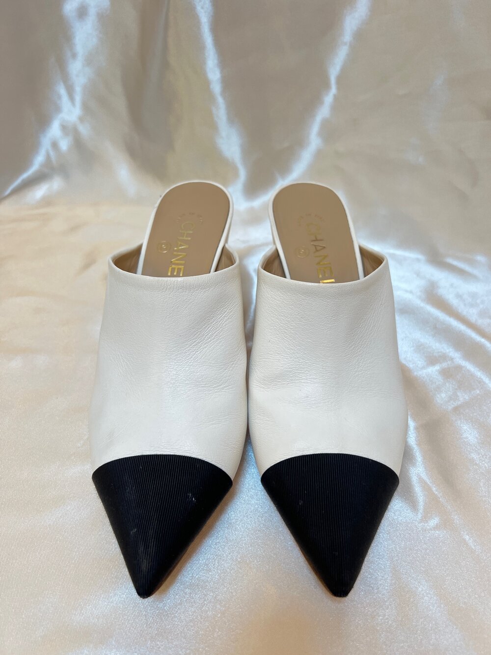 Chanel CC Detailed Two Tone Canvas Mules — MISS LULALA