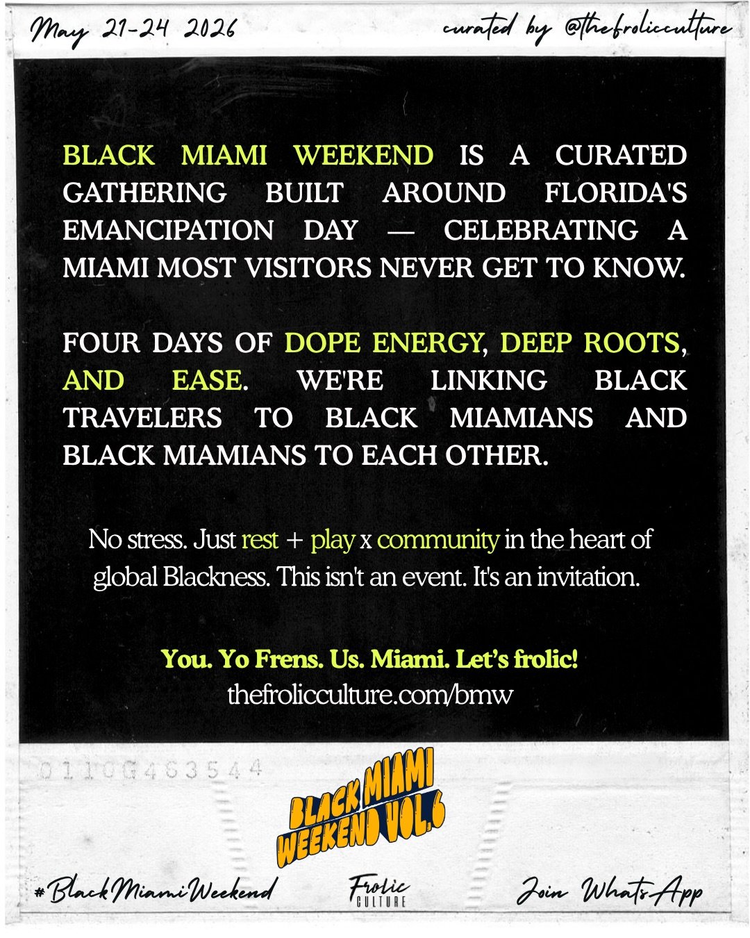 Black Miami Weekend is a love letter to the Black history, culture, and freedom stories that built Miami. 

Curated around Florida&rsquo;s Emancipation Day, we&rsquo;re bringing the community together to celebrate the legacy, the energy, and the peop