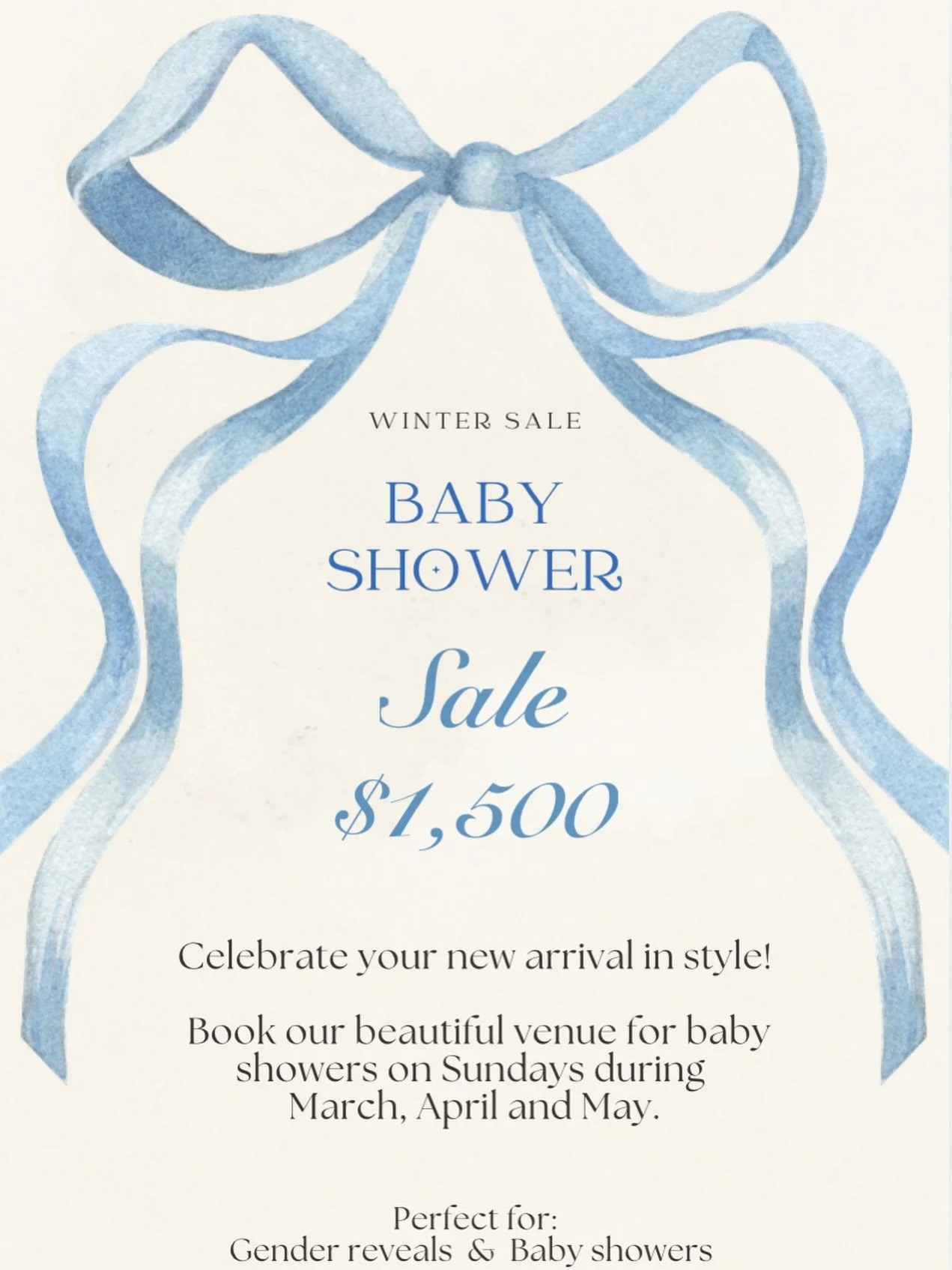 Baby Shower Sale ✨
Celebrate your special day in style! Our beautiful venue is available for baby showers on Sundays only during March, April and May. 
Offer Details:
Includes: Tables, chairs, linens, napkins, d&eacute;cor setup, breakdown, cleanup a