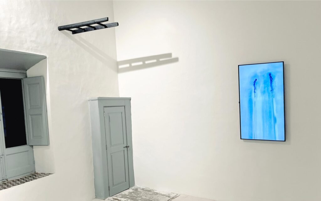 A WILL TO DANCE THE DANCE (installed view)  – Burned wooden ladder and single-channel video installation on vertical screen – 09’40’’ [looped].