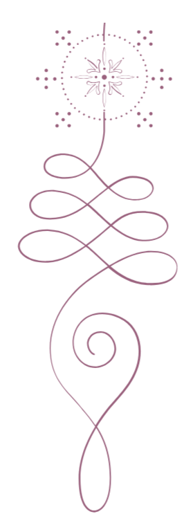 Decorative purple line drawing featuring a symmetrical floral pattern at the top and flowing, swirling lines beneath, resembling a stylized ornamental design.