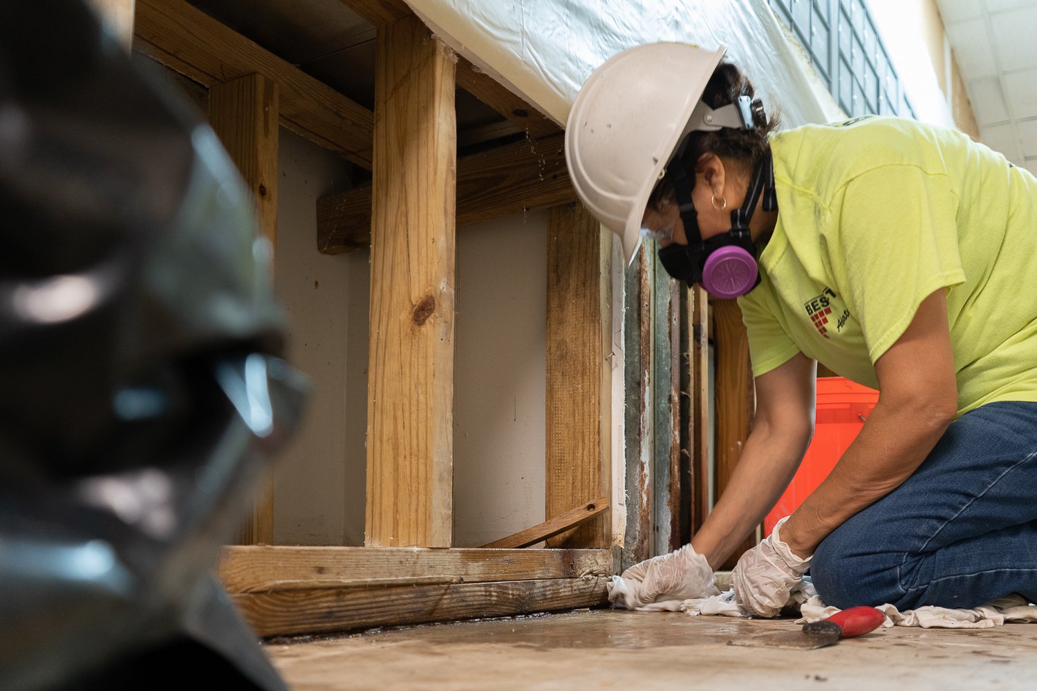 A worker uses a specialized liquid that neutralizes toxic mold and spores