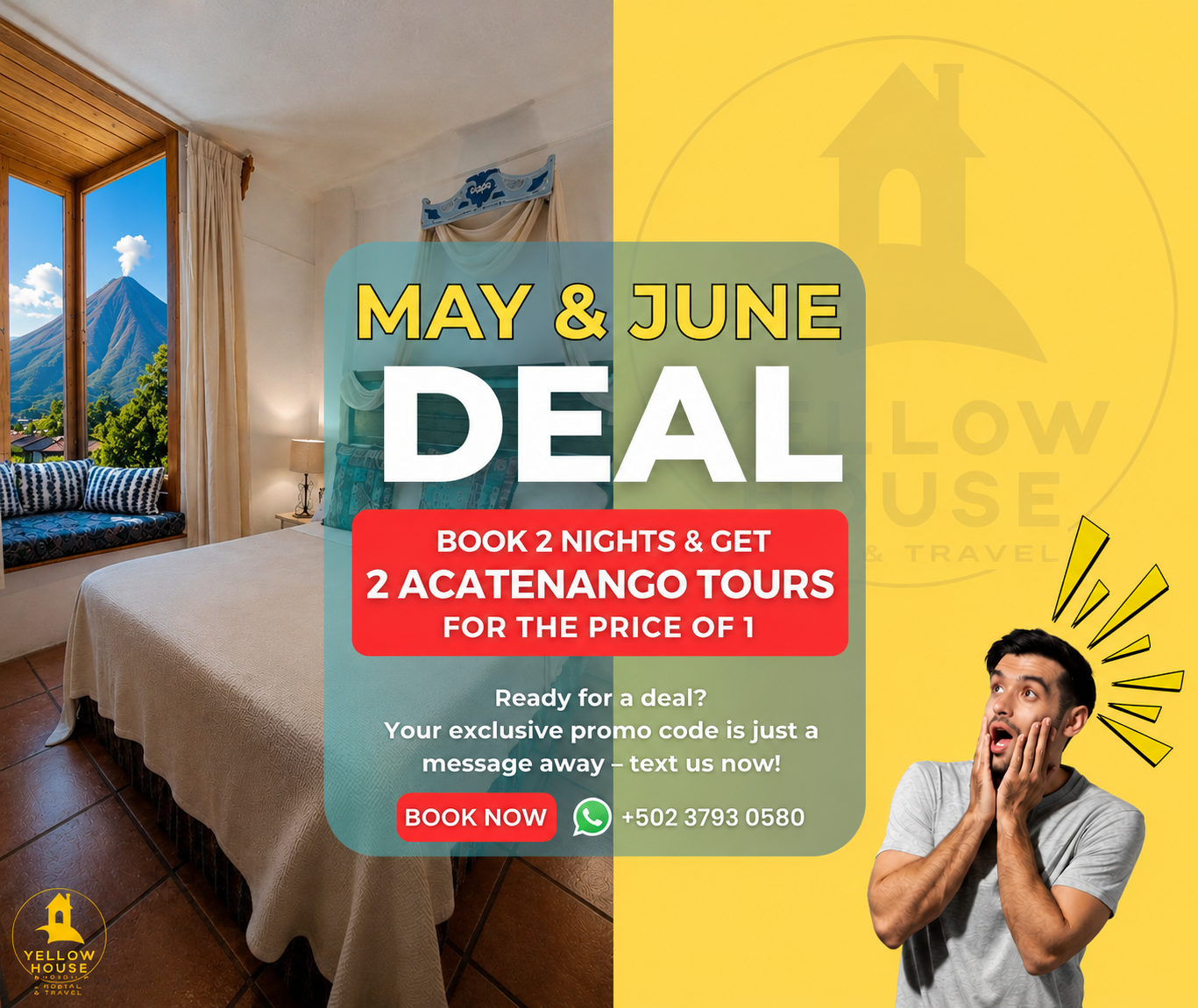 🎉✨BOOK 2 NIGHTS + 2 ACATENANGO TOURS📍
PAY FOR ONLY 1 TOUR 🌋🌅🚶‍♂️🚶‍♀️ 
Don’t miss out on this amazing deal! Get your exclusive promo code now by messaging us on WhatsApp Logo. 
Let the adventure begin! 🎉💥
🎉 Your promotion is waiting for you.
