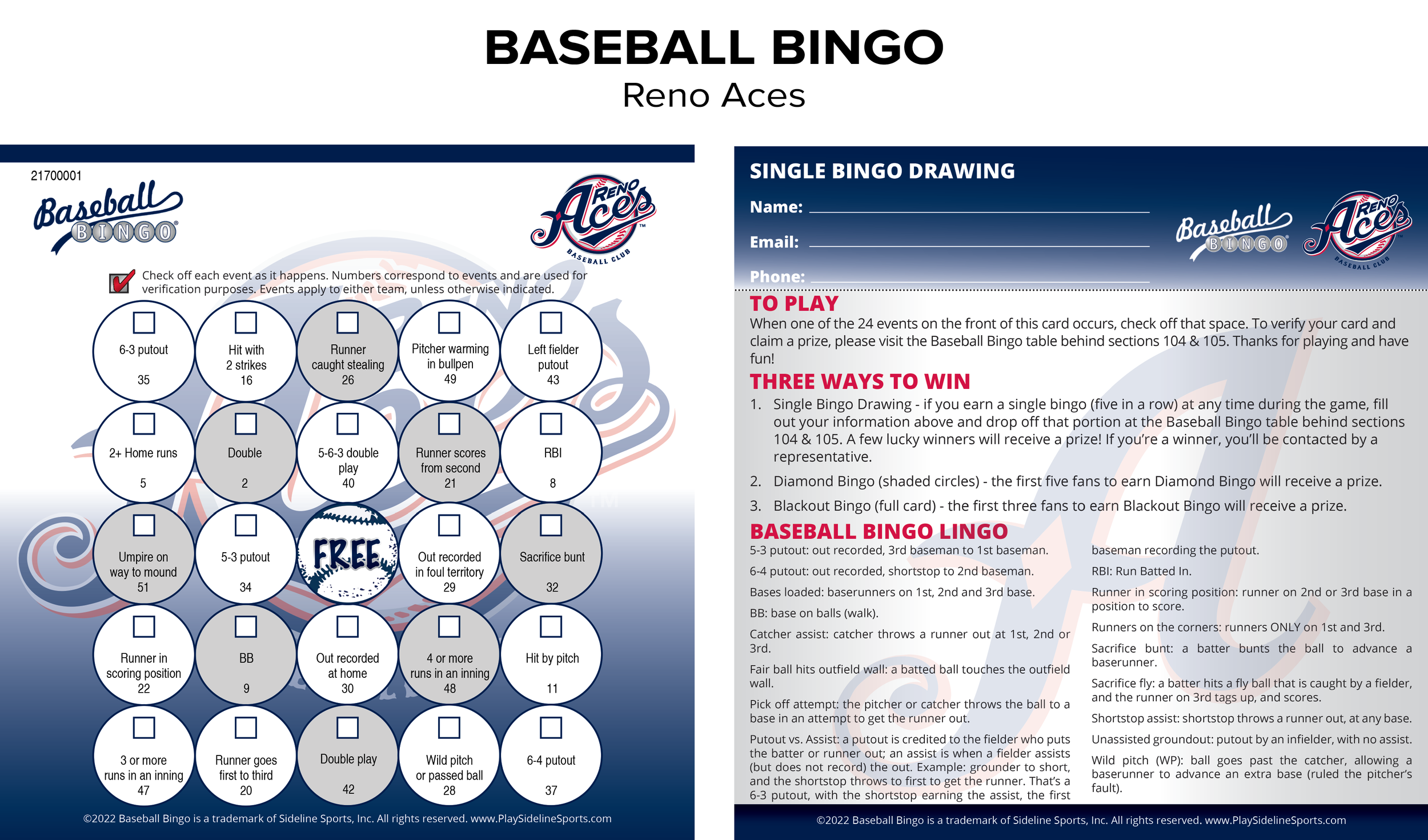 Bingo cards — Sideline Sports, Inc.