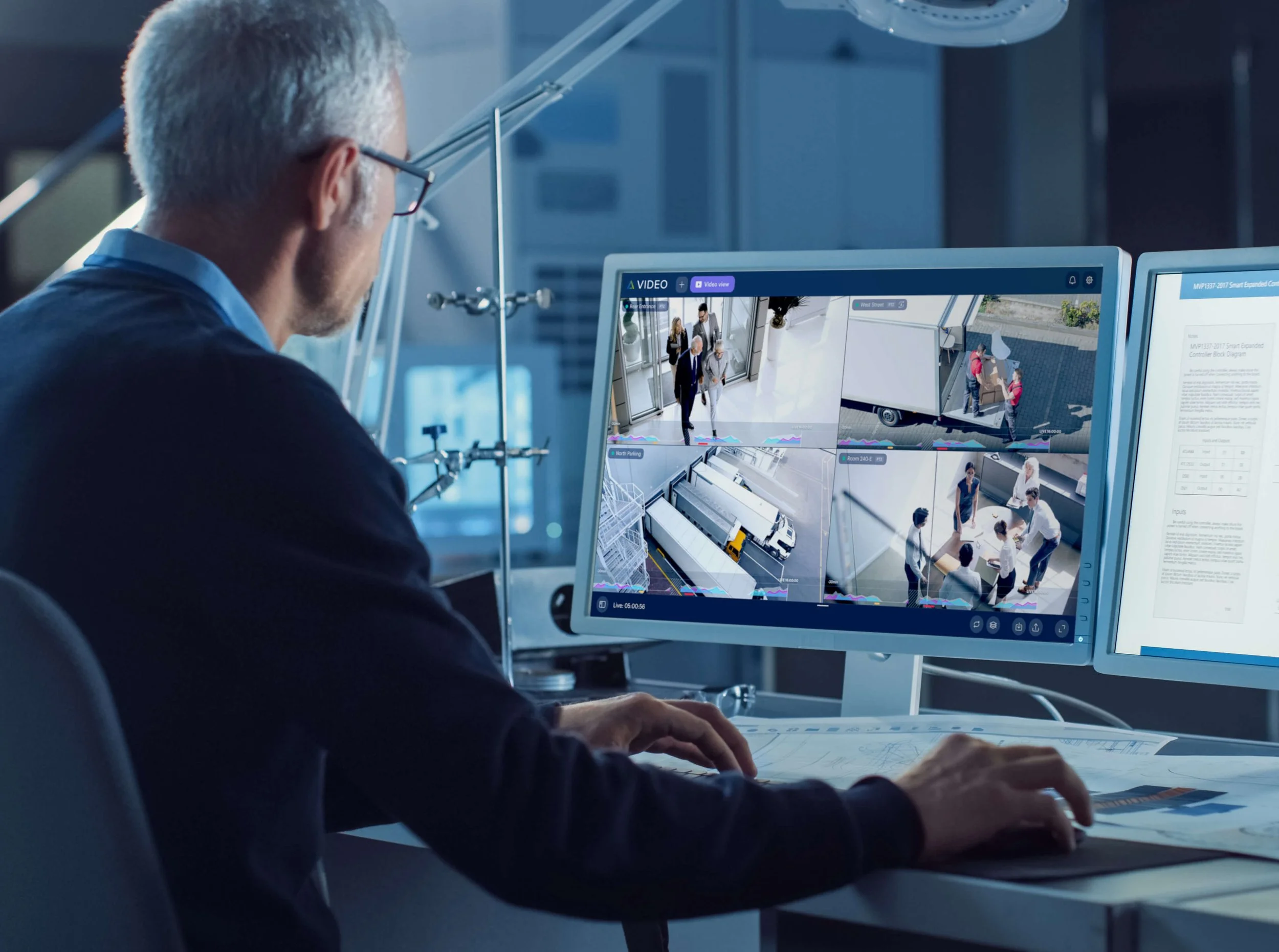A man with gray hair and glasses working at a desk with multiple computer monitors displaying security footage and surveillance data.