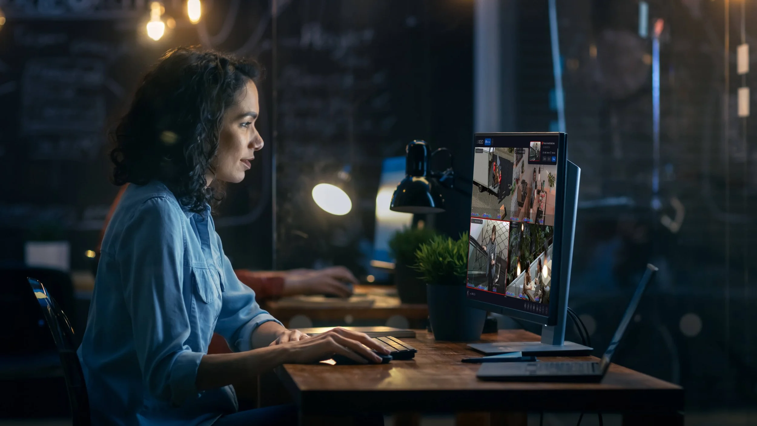 A woman with curly dark hair in a blue shirt working at a computer in a dimly lit room, monitoring multiple security cameras on the screen.