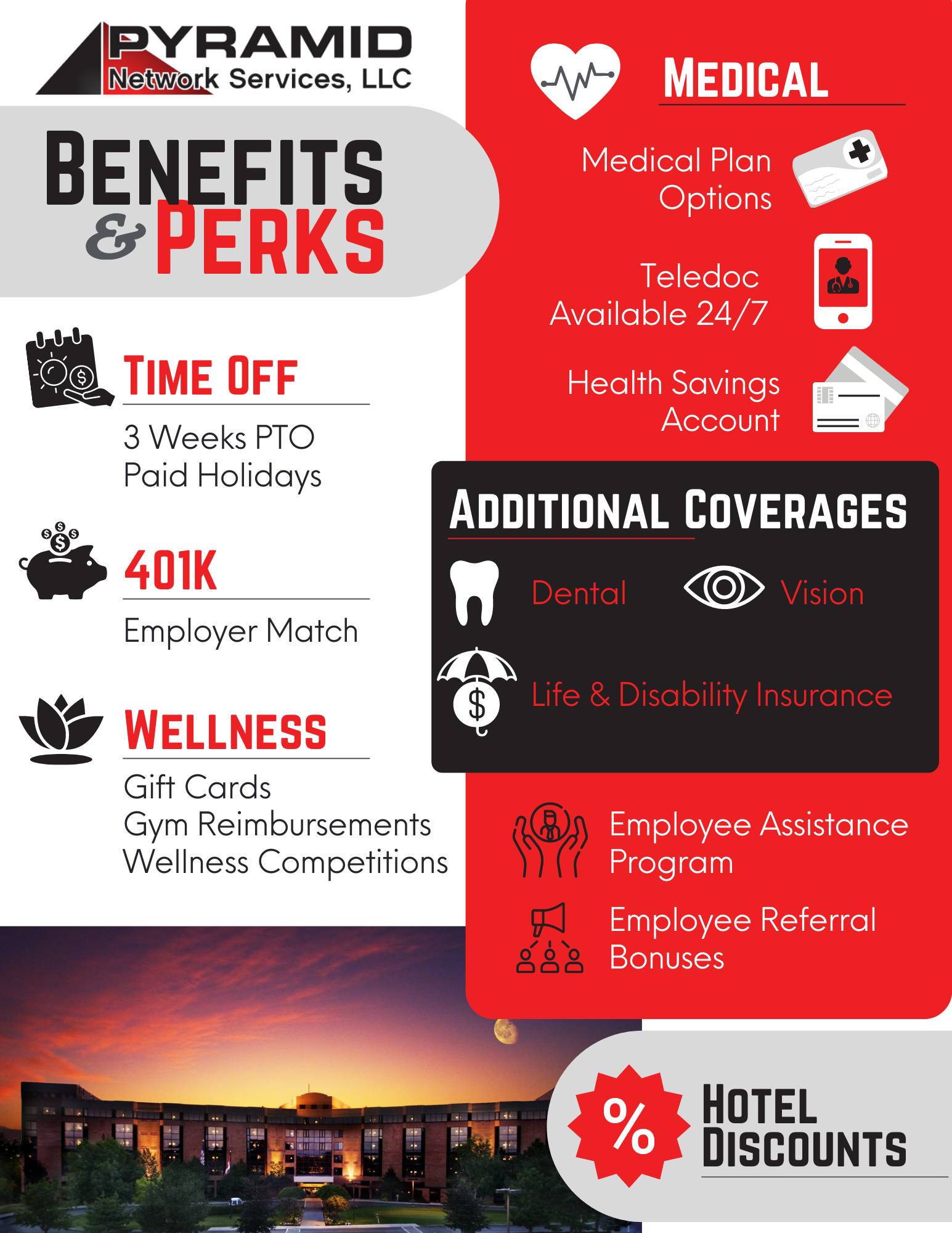 An infographic for Pyramid Network Services, LLC, showcasing employee benefits including time off, 401K employer match, wellness perks, medical plan options, telehealth services, health savings account, additional coverages such as dental, vision, life and disability insurance, and employee assistance programs, with a background of a hotel and sunset sky.