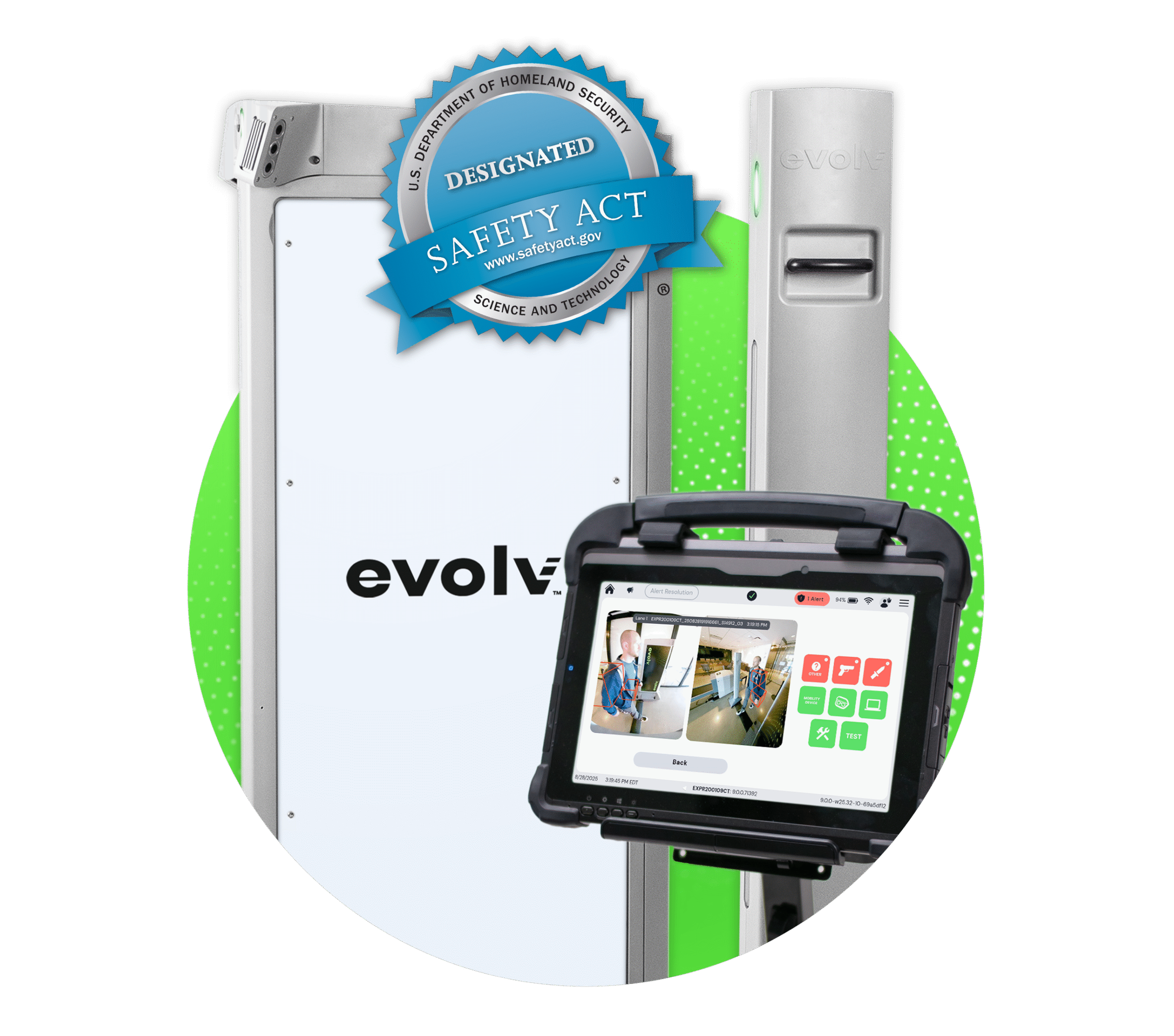 Security equipment with a badge stating 'Designated by the U.S. Department of Homeland Security' and 'Safety Act,' featuring Evolv brand devices and a handheld scanner displaying a security screening interface.