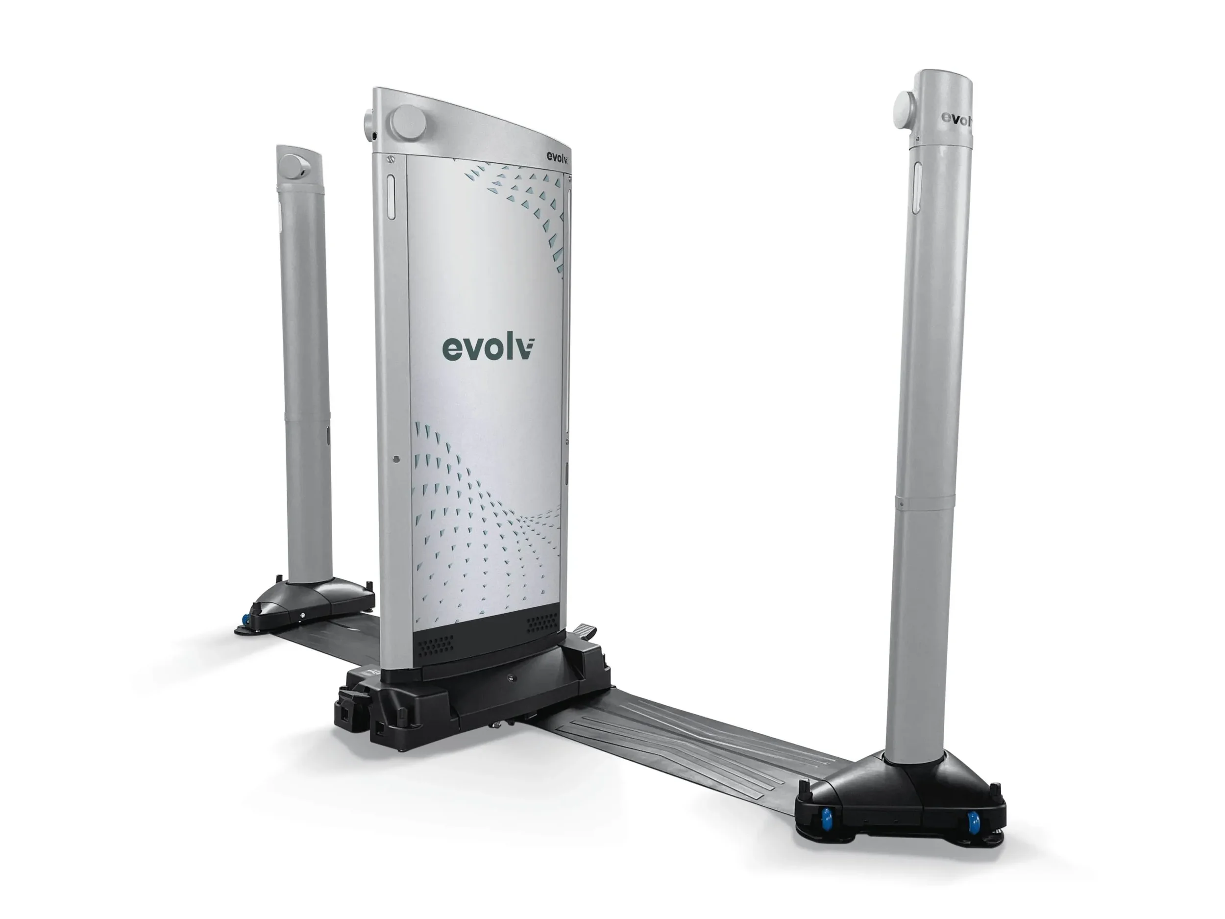 A silver, foldable personal mobility device with the word 'evolv' on the front panel, featuring two vertical support poles, a flat base on wheels, and a small control panel.