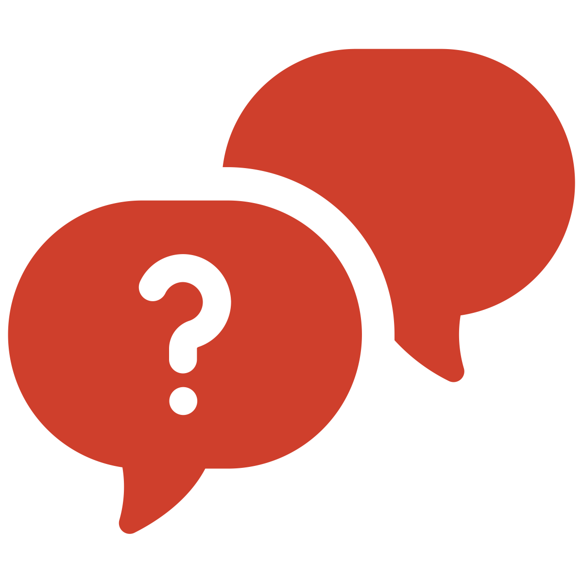Two orange speech bubbles, one with a question mark and the other empty