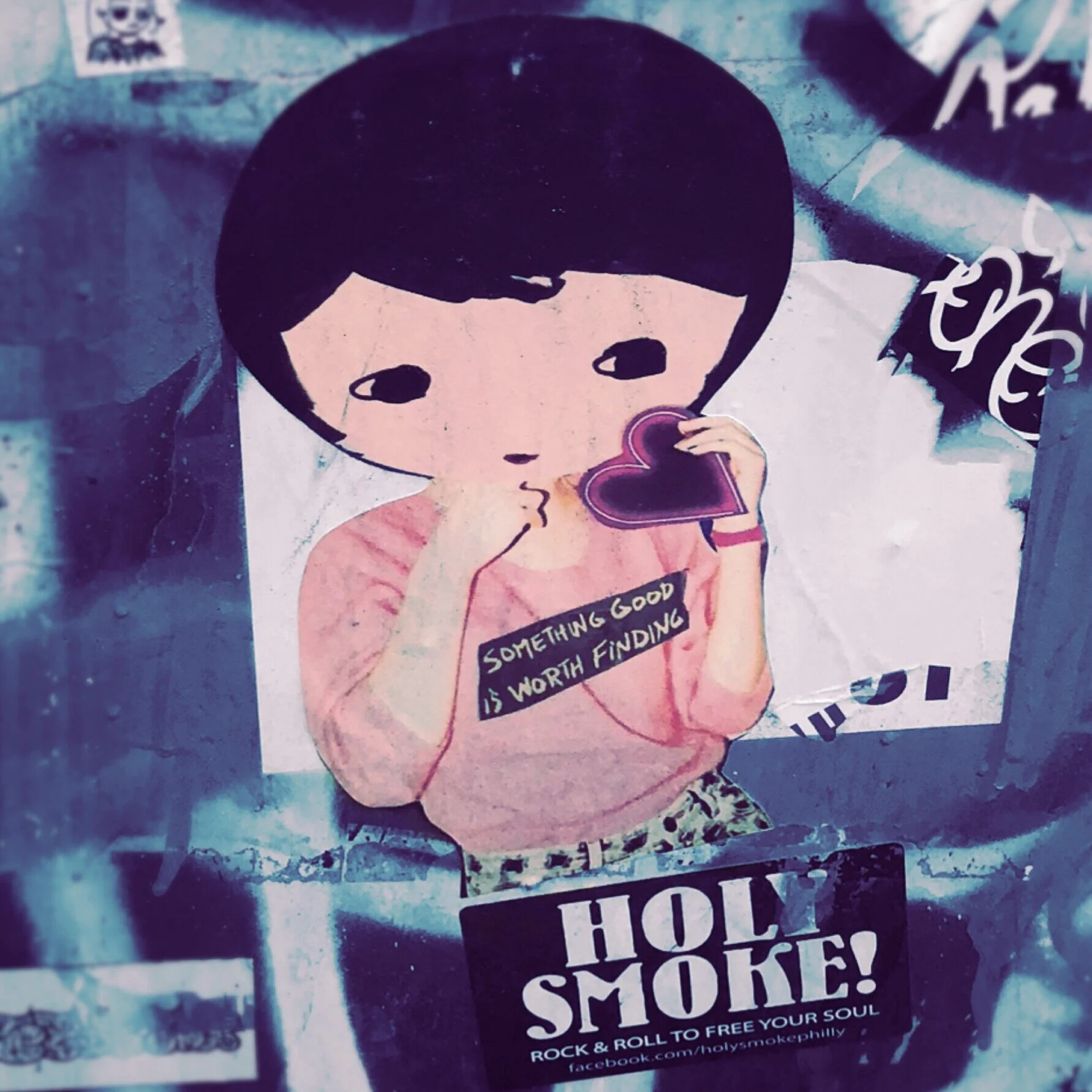 Collage that has an illustration of a  young girl holding a heart. There's a black bar on her chest that says: Something good is worth finding.