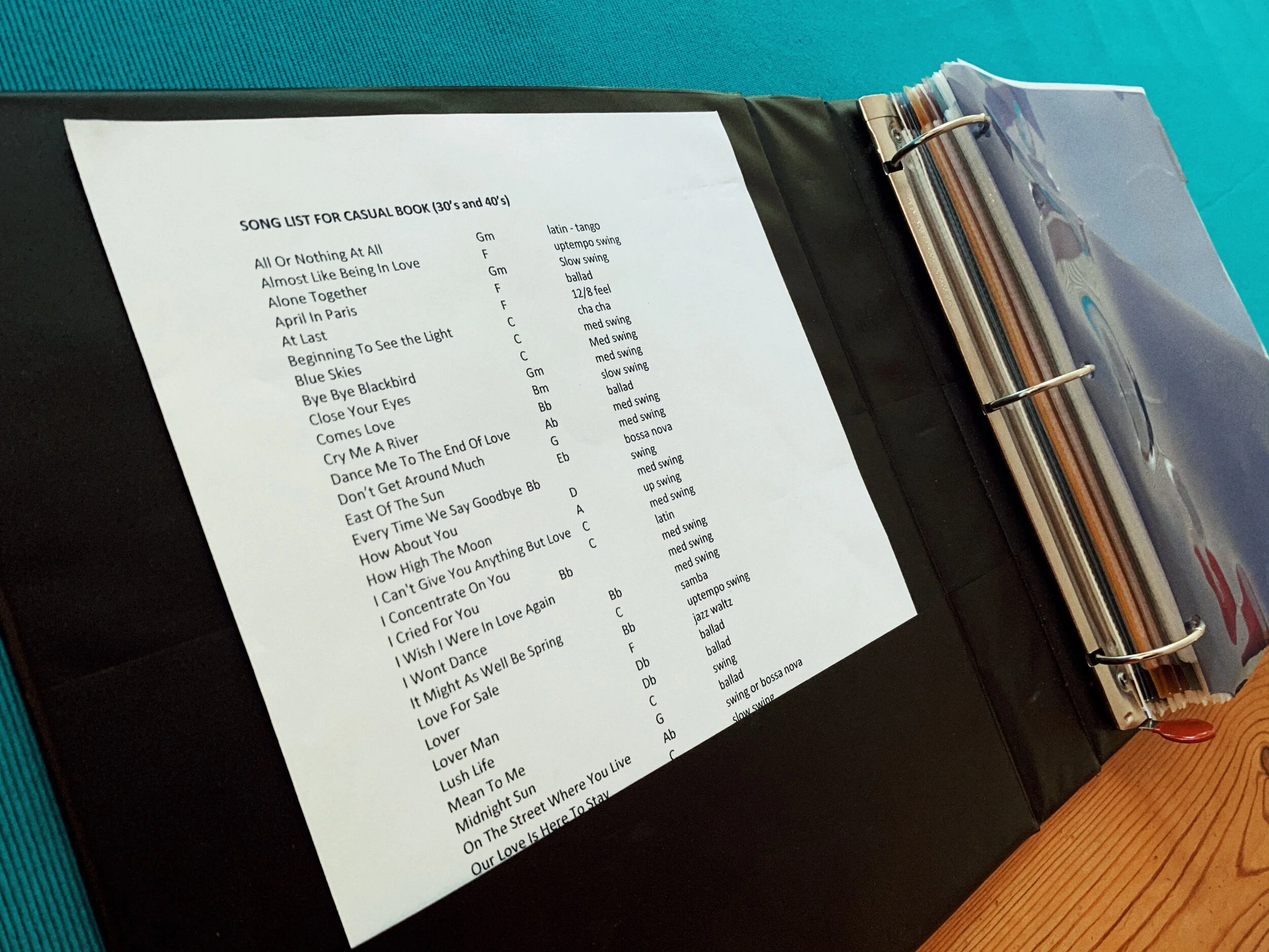 Song list in jazz quartet notebook.