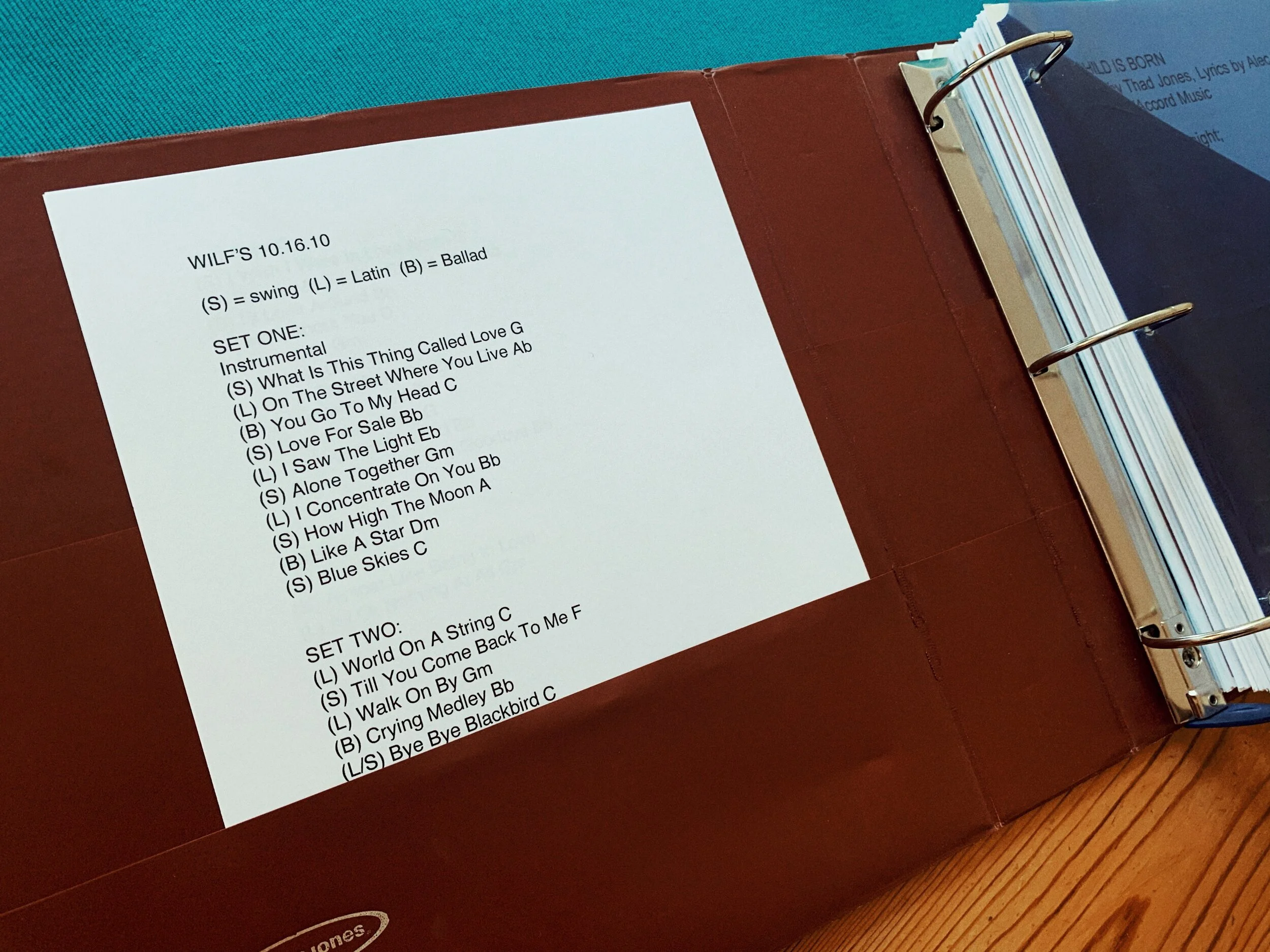 Set list inside jazz quartet notebook.