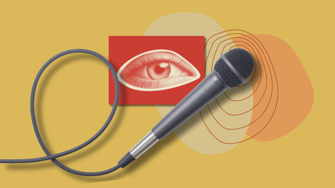 A microphone, a graphic of an eye on a red background, and a looped cord on a yellow background with abstract shapes.