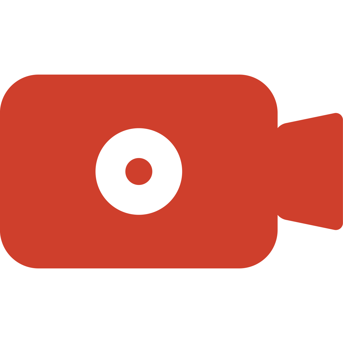 Simplified icon of a red video camera with a black lens and a black outline on a black background.