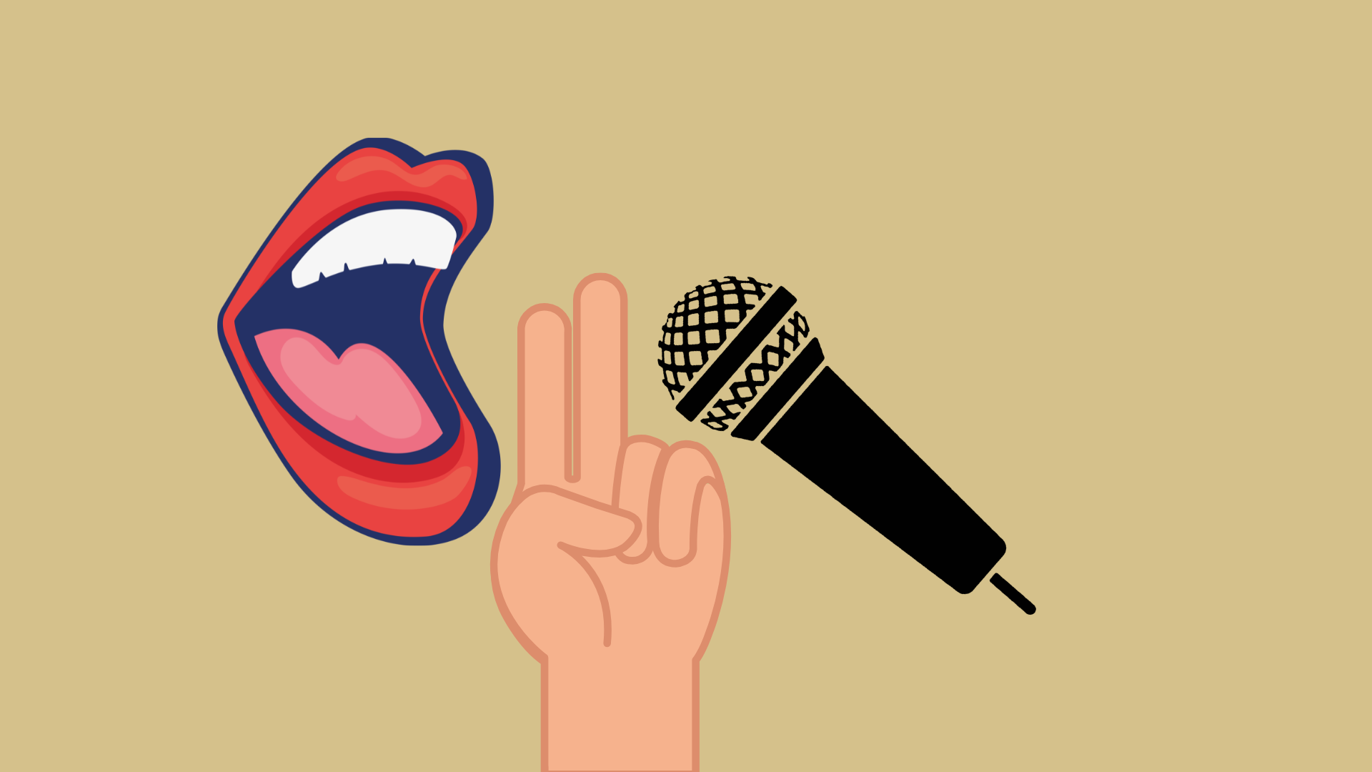 Illustrated mouth wide open like someone's singing with a hand holding two fingers between the mouth and a microphone.