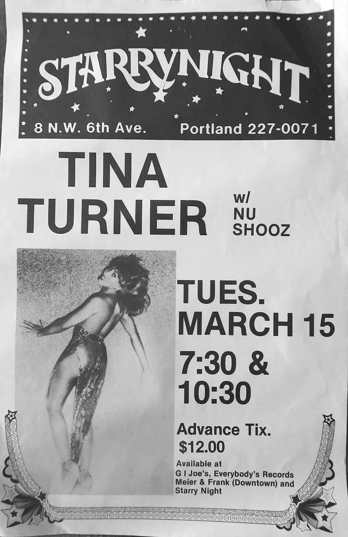 Poster for the Tina Turner show showing a photo of Tina Turner in a sequined dress looking back over her shoulder