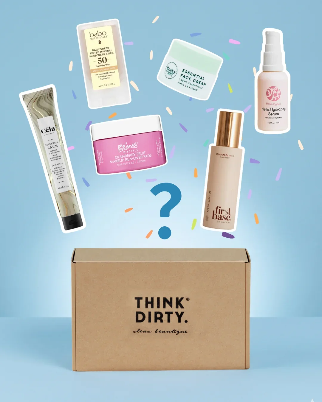 Beauty products floating above a cardboard box labeled "THINK DIRTY. clean beauty." on a light blue background with colorful confetti and a large blue question mark in the center.