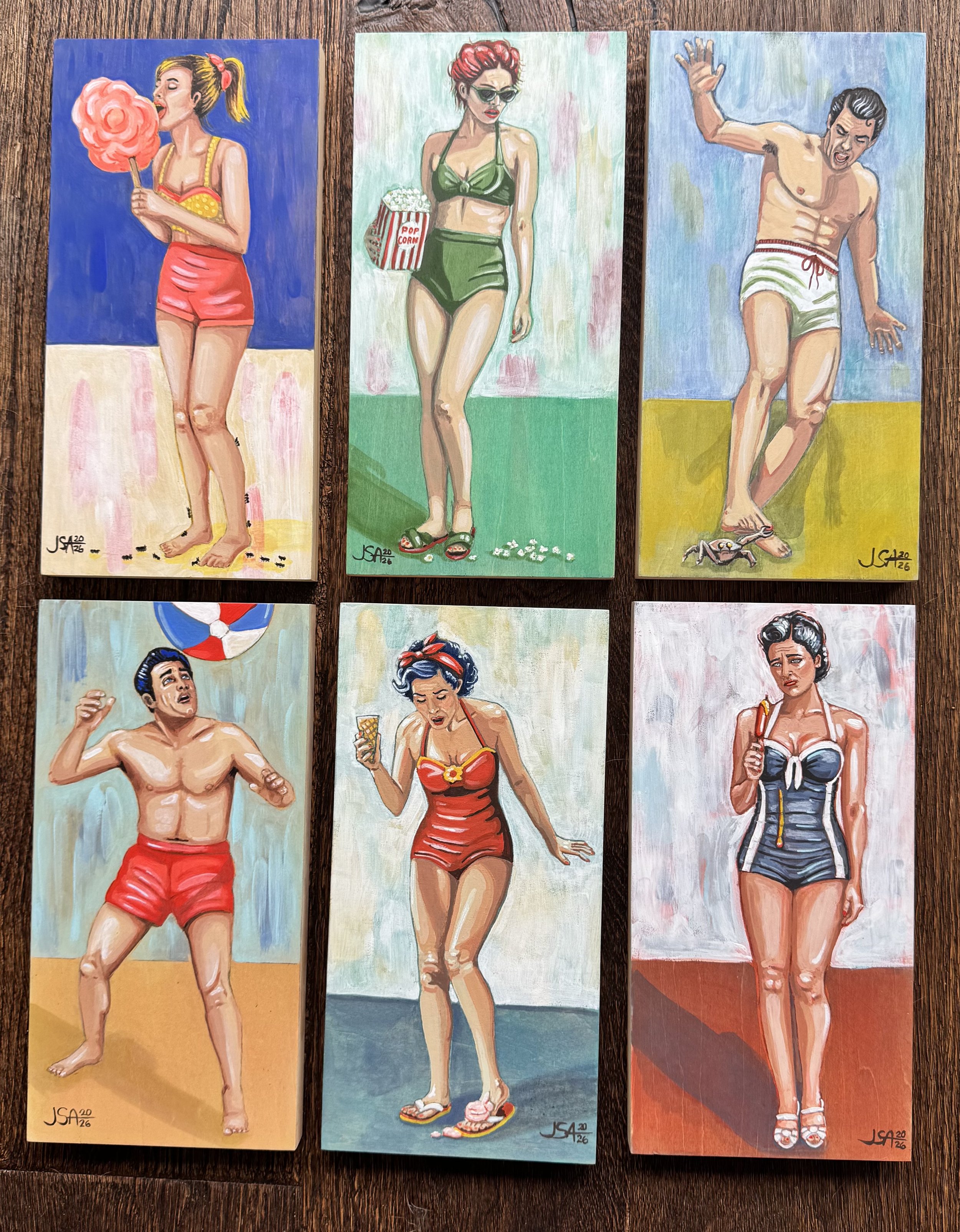 New series in progress.  6x10 wood panels featuring things that can go wrong when while enjoying your summer beach day.  More to come!