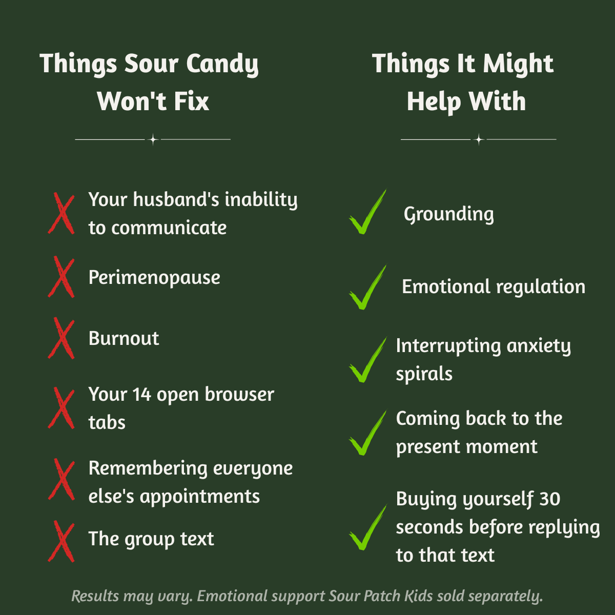 Graphic showing what sour candy can and cannot help with, including grounding, emotional regulation, anxiety, and stress management.