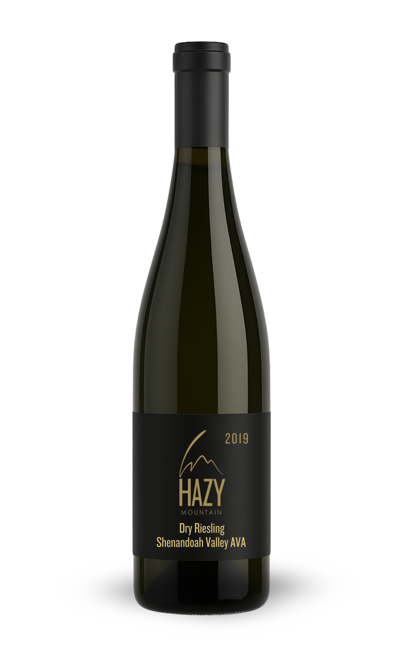 A bottle of Hazy Mountain Dry Riesling wine from Shenandoah Valley AVA, vintage 2019, with a black label and cap, featuring gold text and mountain graphics.