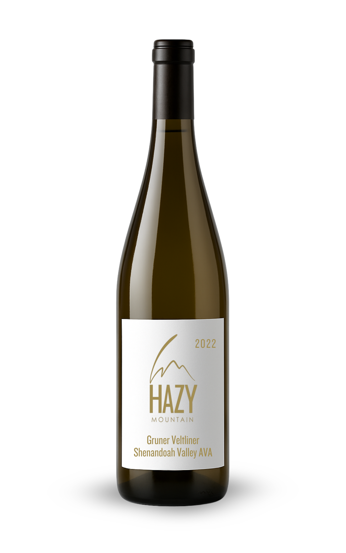 A bottle of Hazy Mountain wine with a white label featuring a mountain outline, the year 2022, and text indicating it is a Gruner Veltliner from Shenandoah Valley AVA.