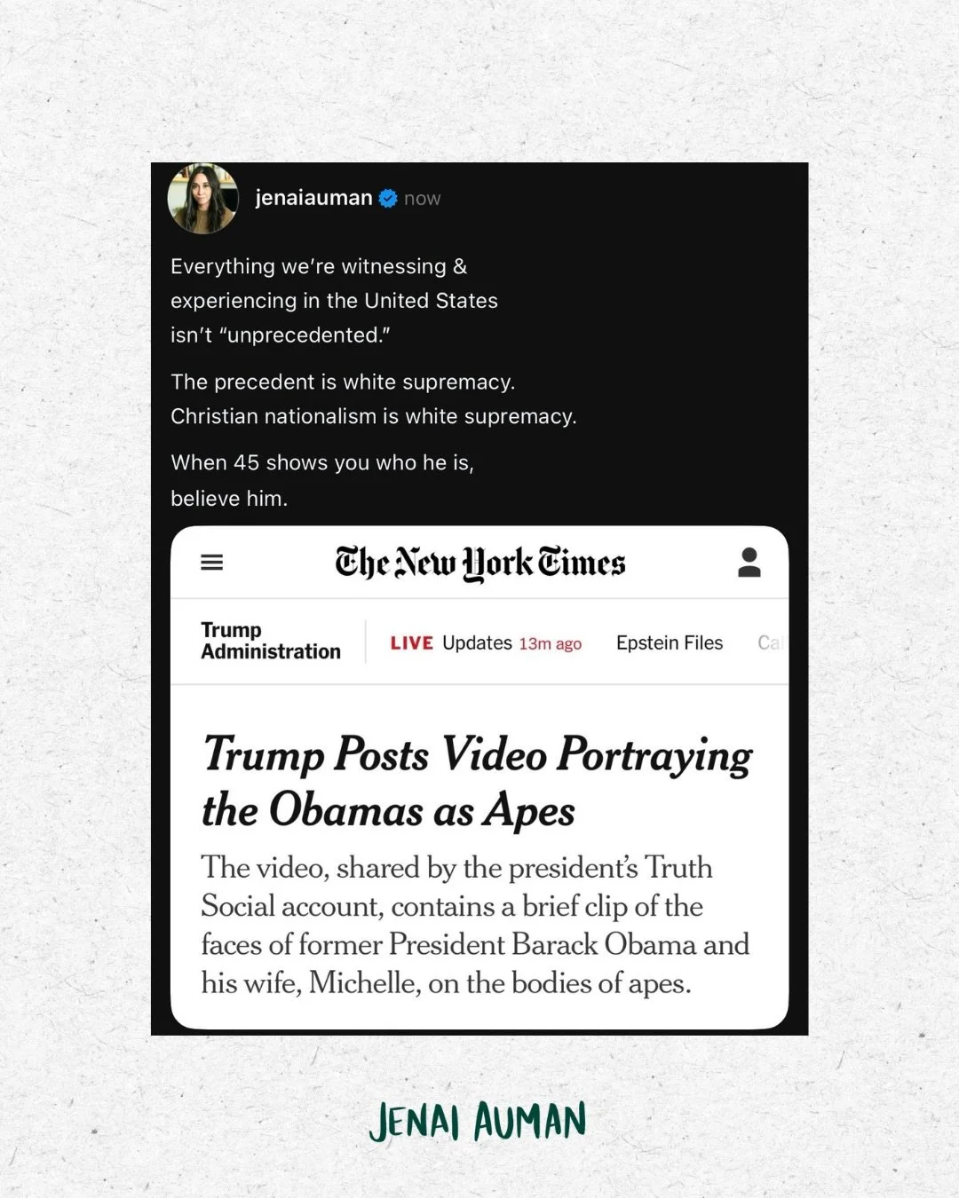 These aren&rsquo;t &ldquo;unprecedented&rdquo; times. 
45 keeps showing us who he is &amp; what his regime stands for.

The only way we can continue to say these are &ldquo;unprecedented&rdquo; times is if we continue to ignore every r4c!st precedent