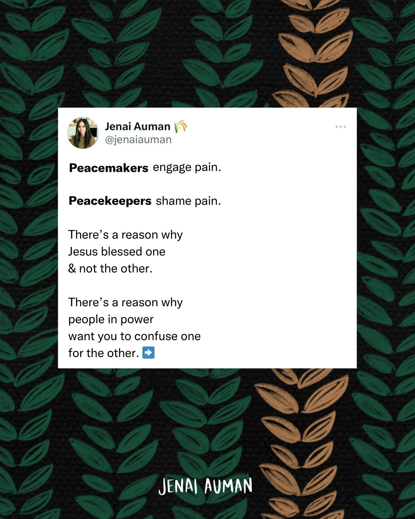 Peacemakers engage pain.
Peacekeepers shame it.

There&rsquo;s a reason why Jesus blessed one and not the other.

Peacekeeping is not a commitment to wholeness;
it swears allegiance to the fractured State.

Peacemakers enter the pain &amp; work to so