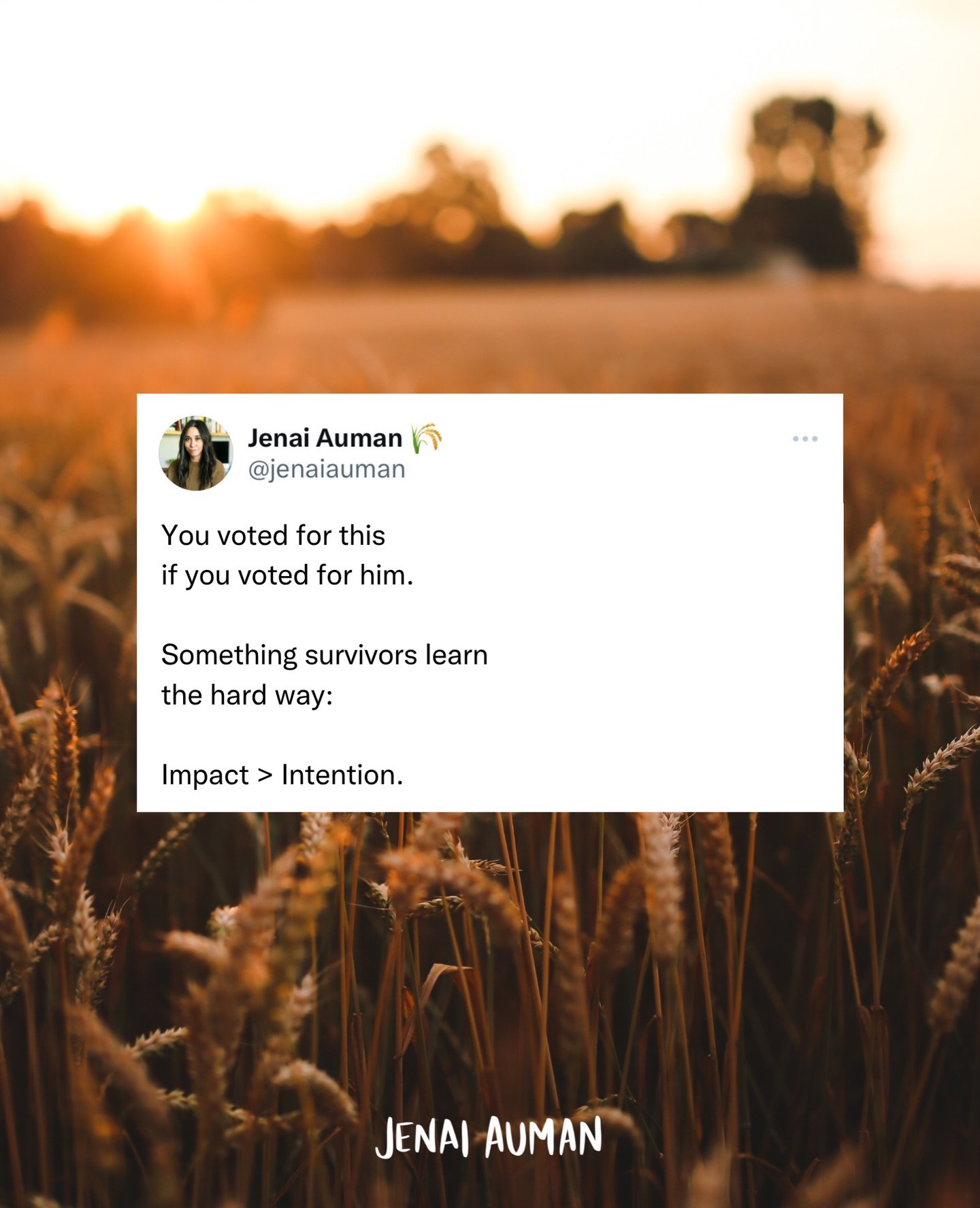 Your votes, too, are spiritual formation.
Or spiritual malformation. 

You voted for this
if you voted for him.

Something survivors learn
the hard way:

Impact > Intention.

@jenaiauman 🌾 

#spiritualformation #religioustrauma #deconstruction #t