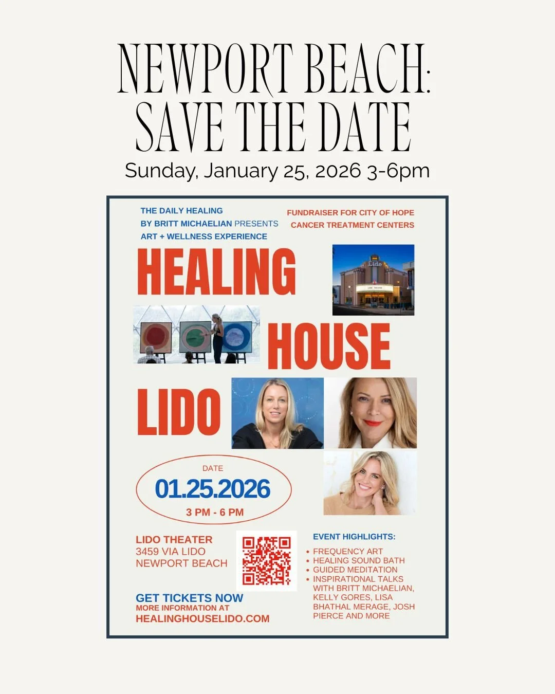 Newport Beach friends 🤍 We&rsquo;re honored to help promote Healing House Lido&mdash;an annual art + wellness experience at the iconic Lido Theater&mdash;this year benefiting City of Hope.

Expect a sound bath, guided meditation, breathwork, reiki, 