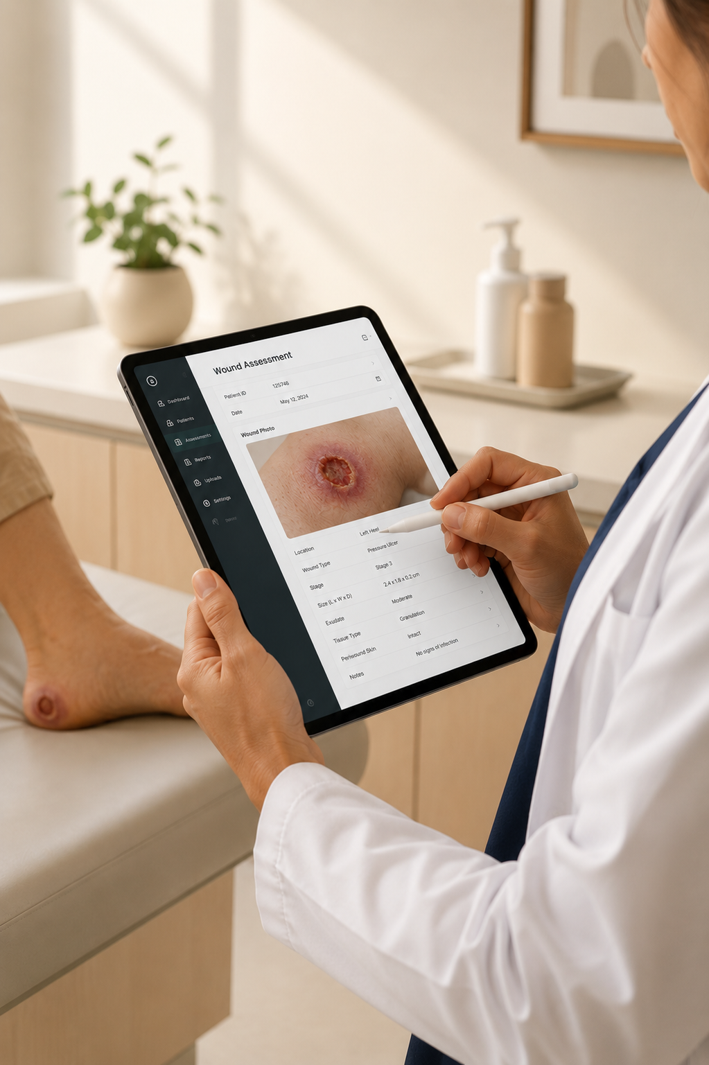Clinician using WoundScribe AI on iPad to document a Stage 3 pressure ulcer wound assessment in a skilled nursing facility