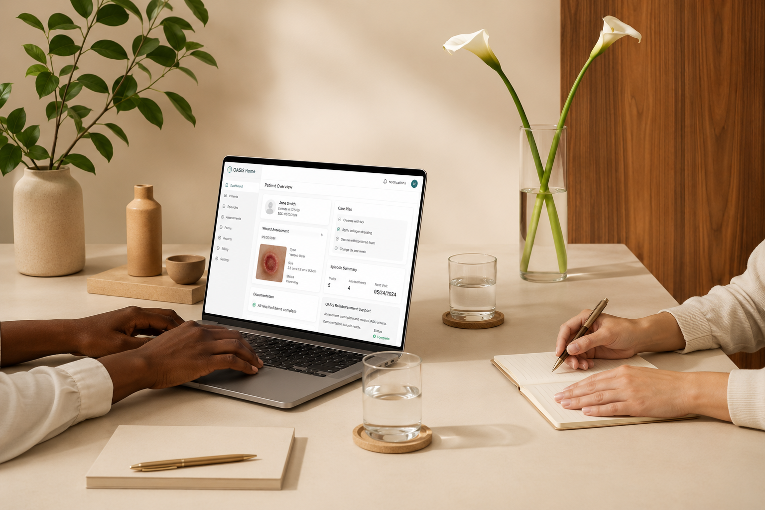 Home health nurse using WoundScribe In Home on laptop to complete OASIS wound assessment and care plan documentation for a venous ulcer patient