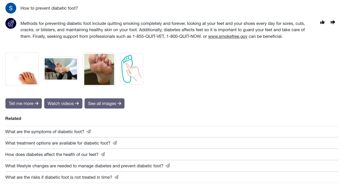 Pingoo AI patient education interface answering a diabetic foot care question with verified sources and related media