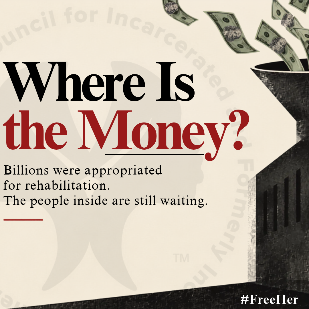 Editorial illustration titled “Where Is the Money?” showing dollar bills disappearing into a prison-shaped funnel while an incarcerated person sits behind bars and an empty rehabilitation classroom remains out of reach with the national councill logo