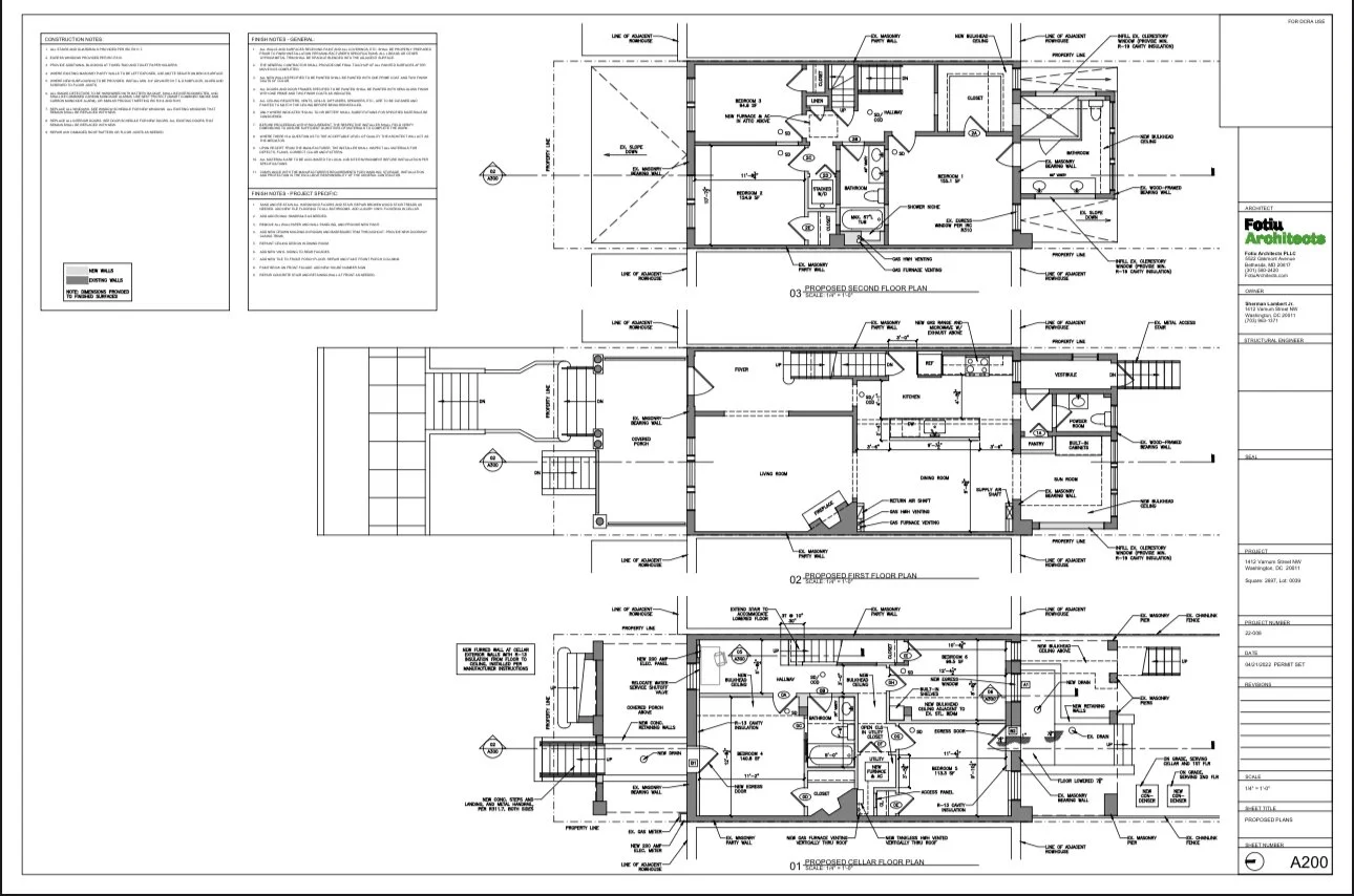 Architectural floor plan drawings showing proposed cellar, first floor, and second floor layouts for a Washington DC rowhouse renovation, including room dimensions, stairs, bathrooms, kitchen, and structural notes.