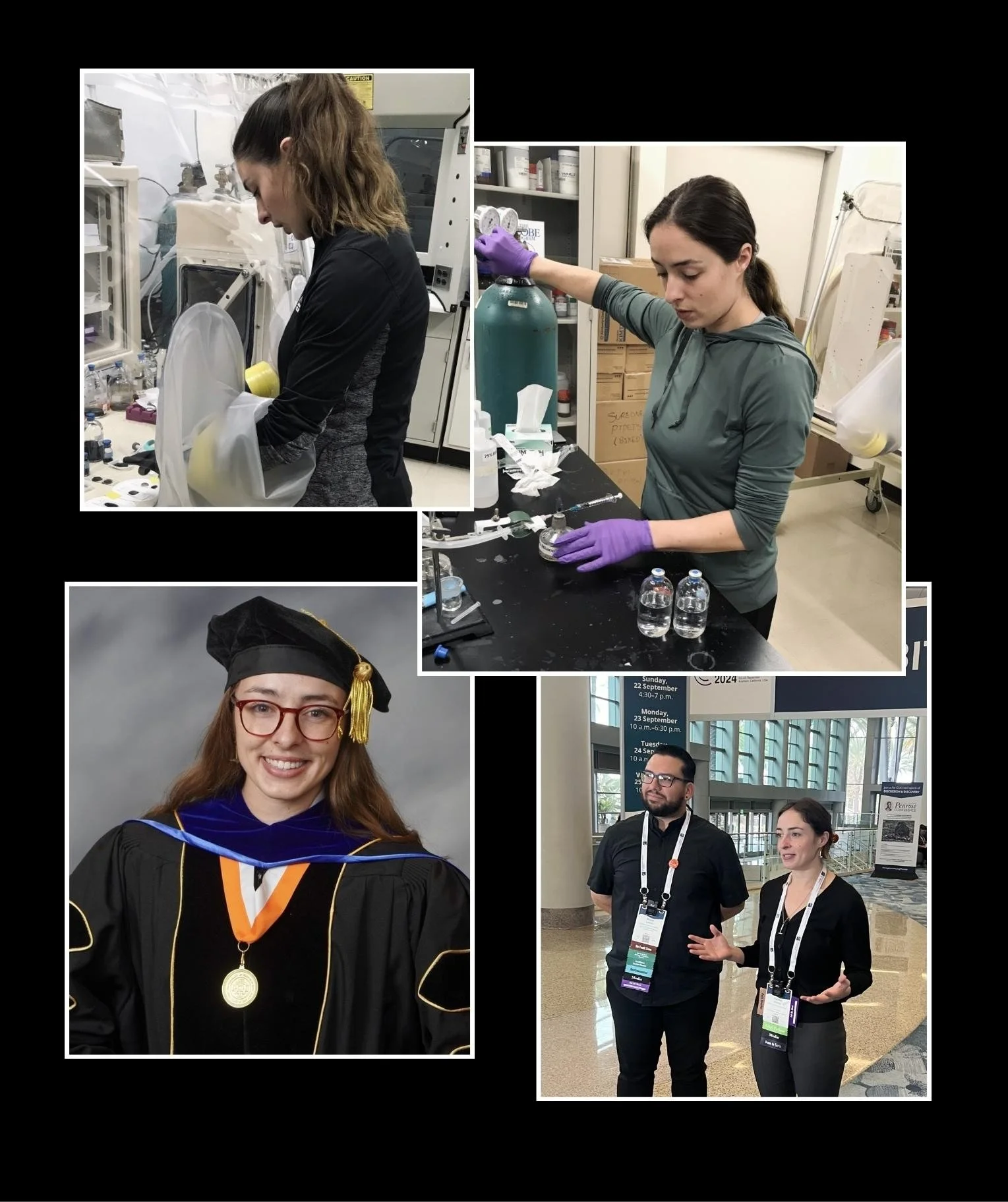 Collage of people at a conference, including a woman in graduation attire, scientists working in laboratories, and conference attendees in a large hall.