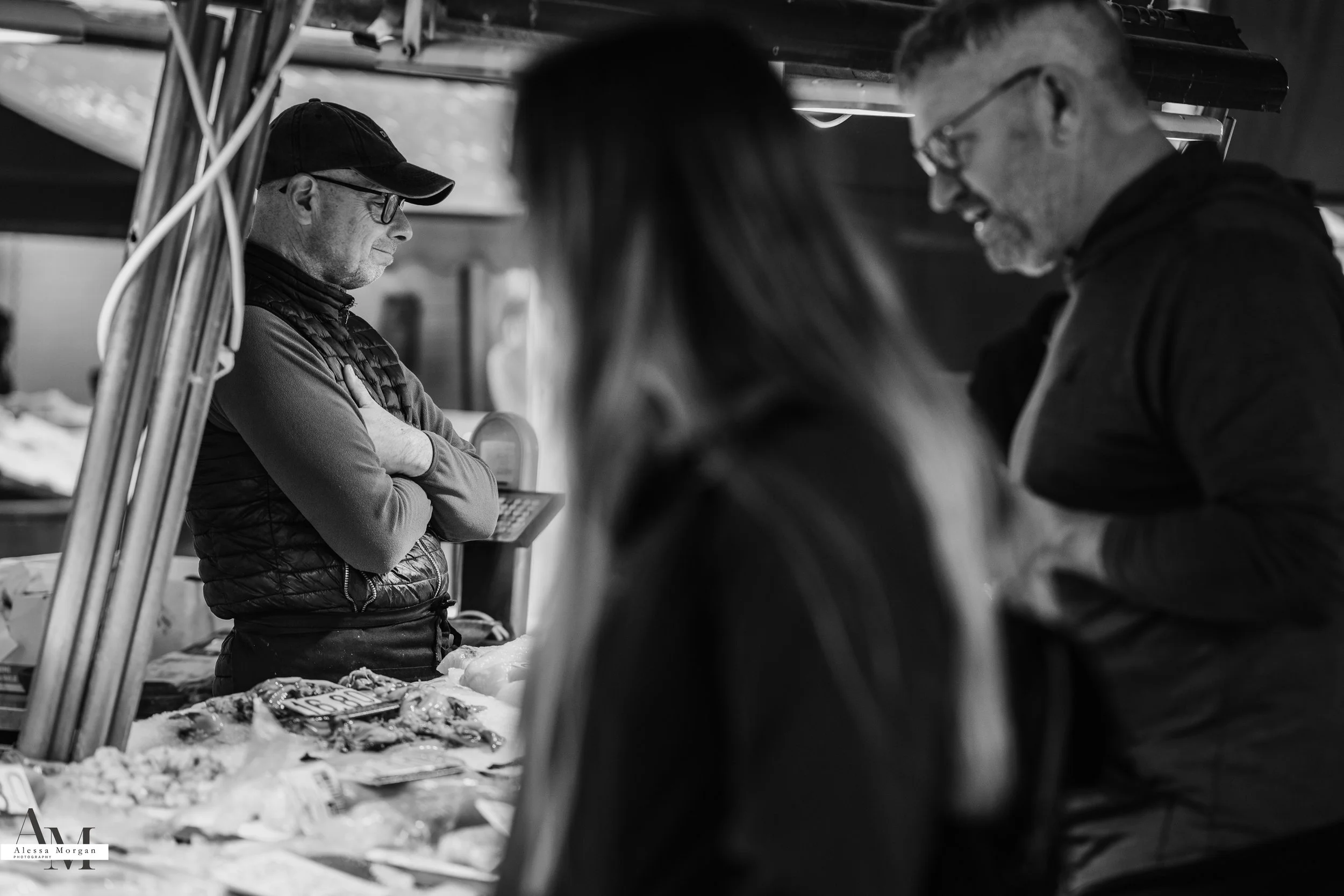 street photography, market, fish market Venice, Venice, Italy, Orlando, Florida, photographer, portrait, black and white photography, capturing moments, seagull with fish, fish, market